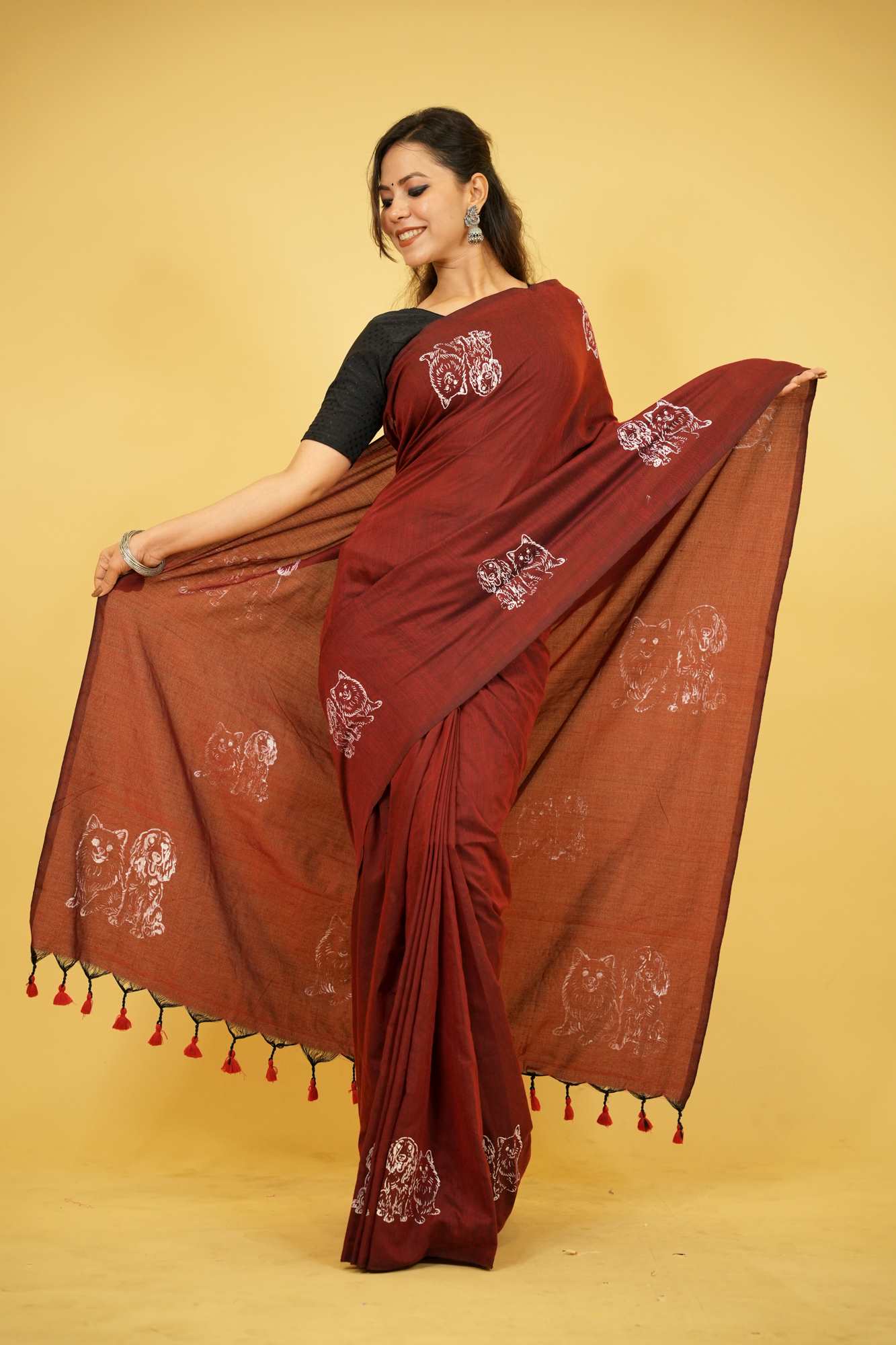 Maroon Khadi Cotton with Hand-Drawn Dog Motifs Ready To Wear Saree