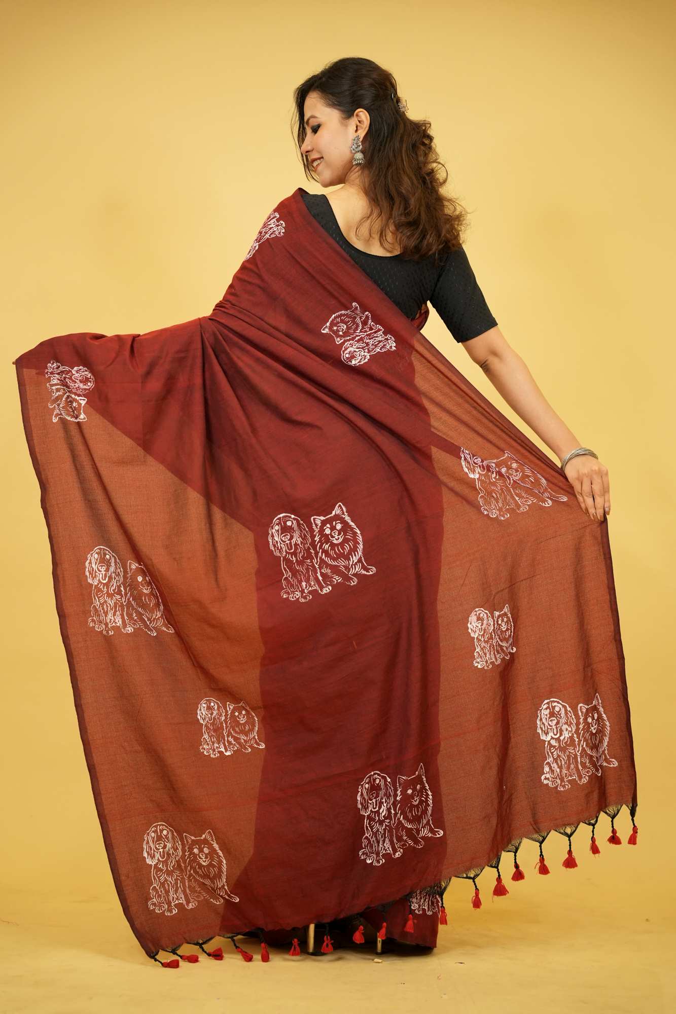 Maroon Khadi Cotton with Hand-Drawn Dog Motifs Ready To Wear Saree
