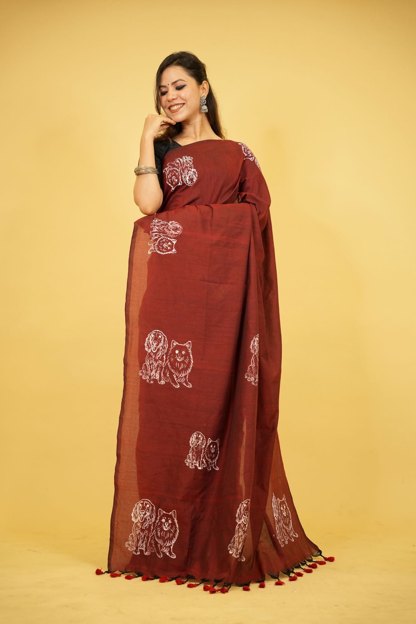 Maroon Khadi Cotton with Hand-Drawn Dog Motifs Ready To Wear Saree