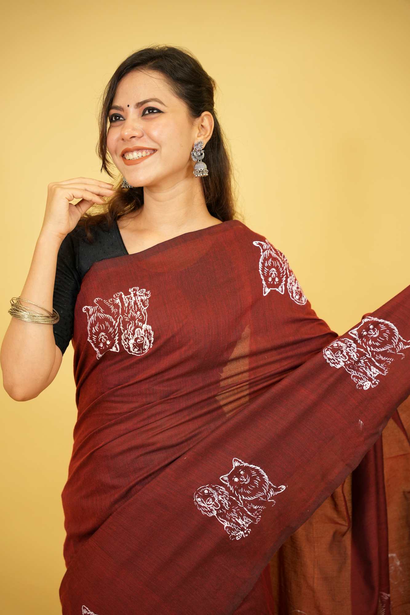 Maroon Khadi Cotton with Hand-Drawn Dog Motifs Ready To Wear Saree