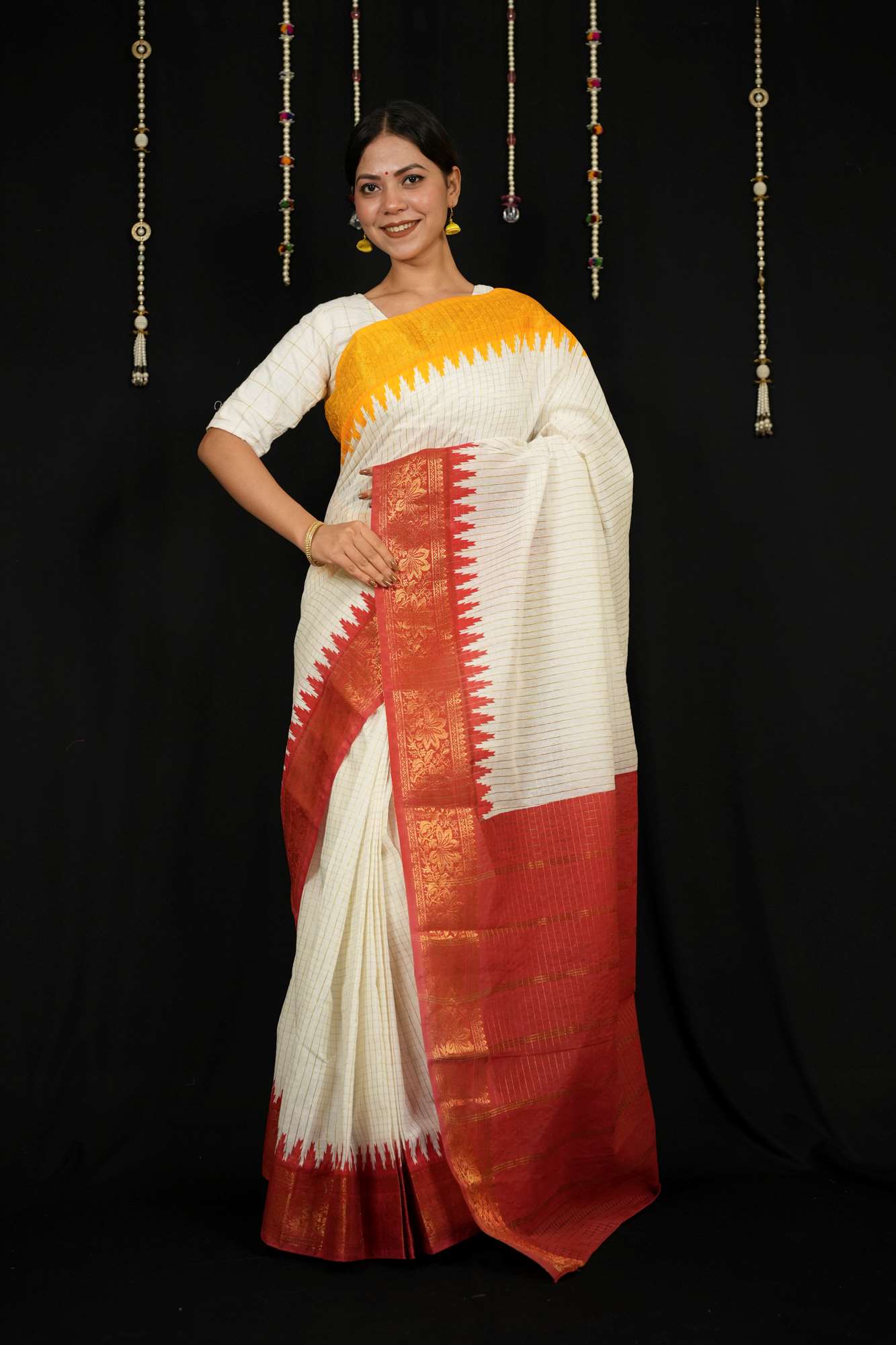 Cotton Checked with Red Pallu & Yellow Temple Ready To Wear Saree