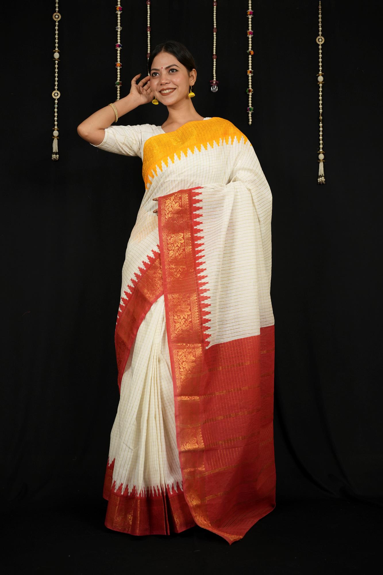 Cotton Checked with Red Pallu & Yellow Temple Ready To Wear Saree
