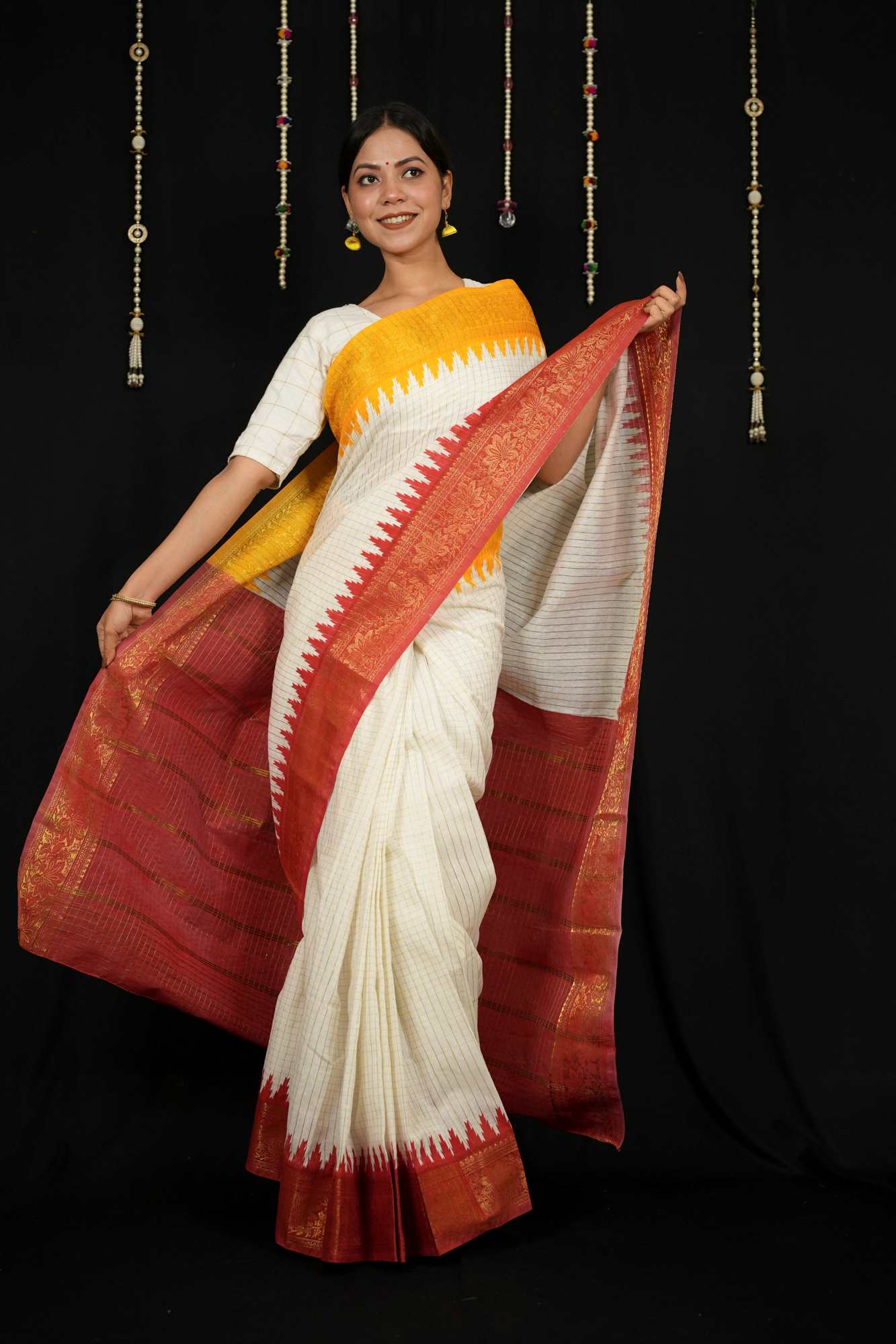 Cotton Checked with Red Pallu & Yellow Temple Ready To Wear Saree