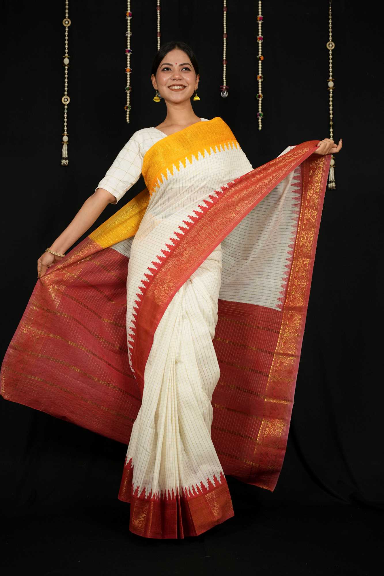 Cotton Checked with Red Pallu & Yellow Temple Ready To Wear Saree