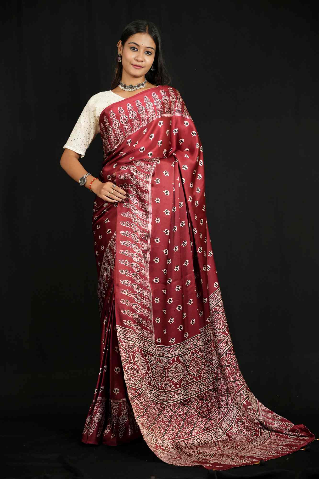 Elegant Red Gaji-Ajrakh Inspired Print with Rich Traditional Block Print Wrap in 1 minute Saree