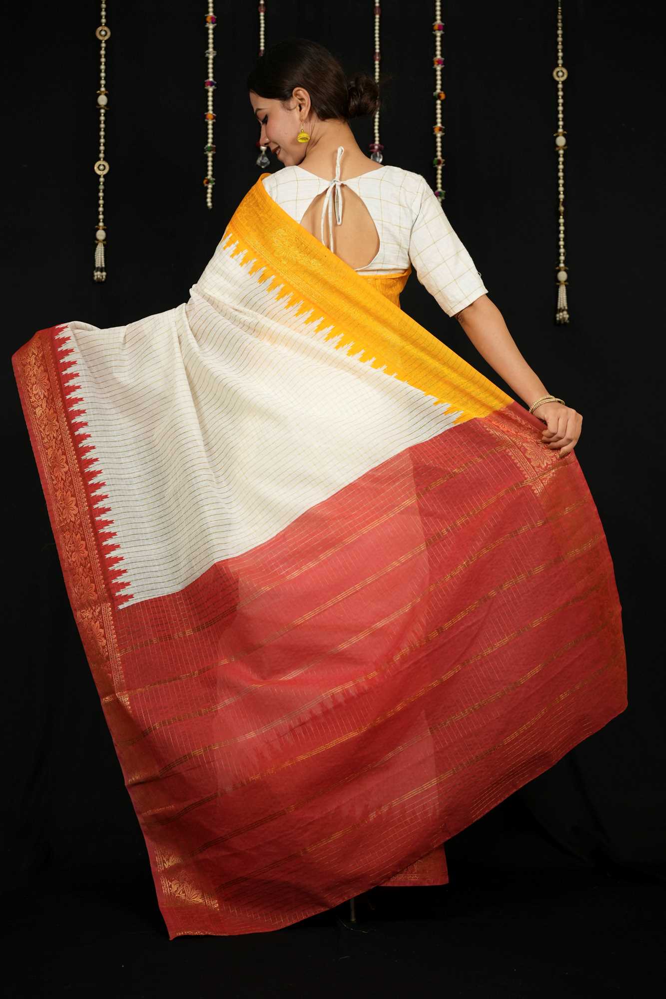 Cotton Checked with Red Pallu & Yellow Temple Ready To Wear Saree