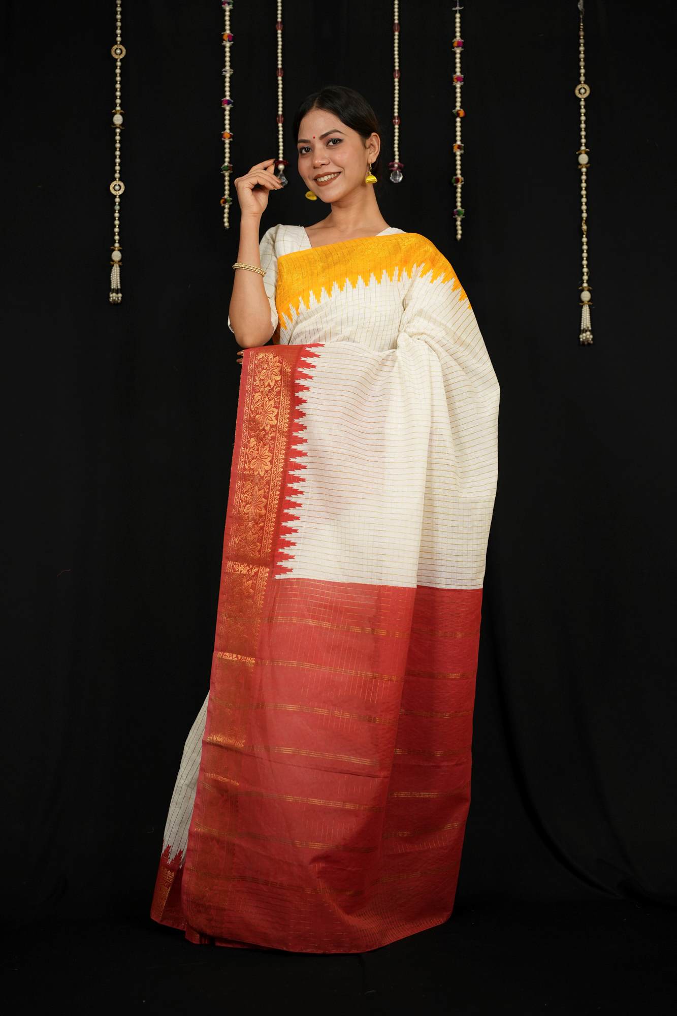 Cotton Checked with Red Pallu & Yellow Temple Ready To Wear Saree