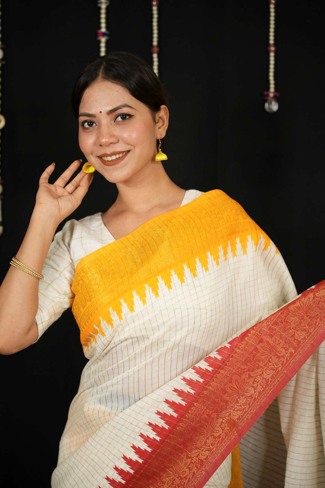 Cotton Checked with Red Pallu & Yellow Temple Ready To Wear Saree