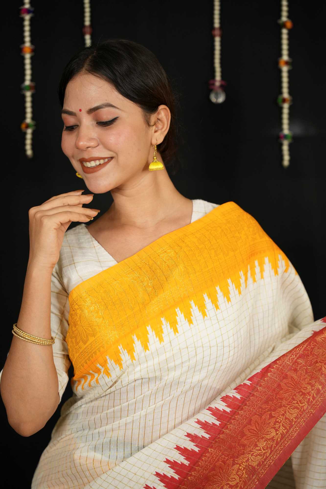Cotton Checked with Red Pallu & Yellow Temple Ready To Wear Saree