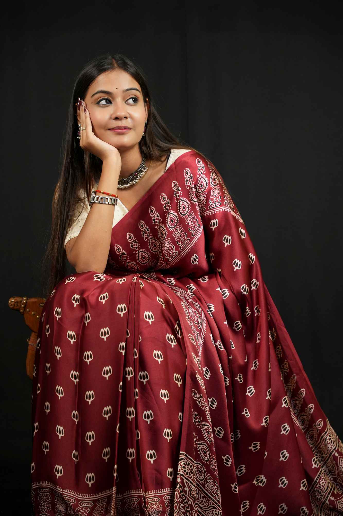 Elegant Red Gaji-Ajrakh Inspired Print with Rich Traditional Block Print Wrap in 1 minute Saree