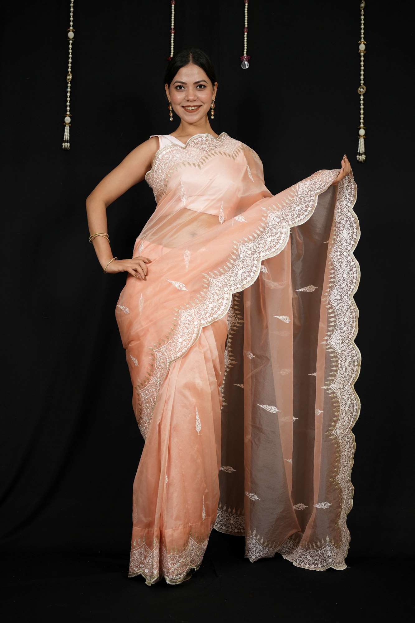 Banarasi-Inspired Kora Silk All-Over Embroidery and Ornate Scalloped Border Ready To Wear Saree
