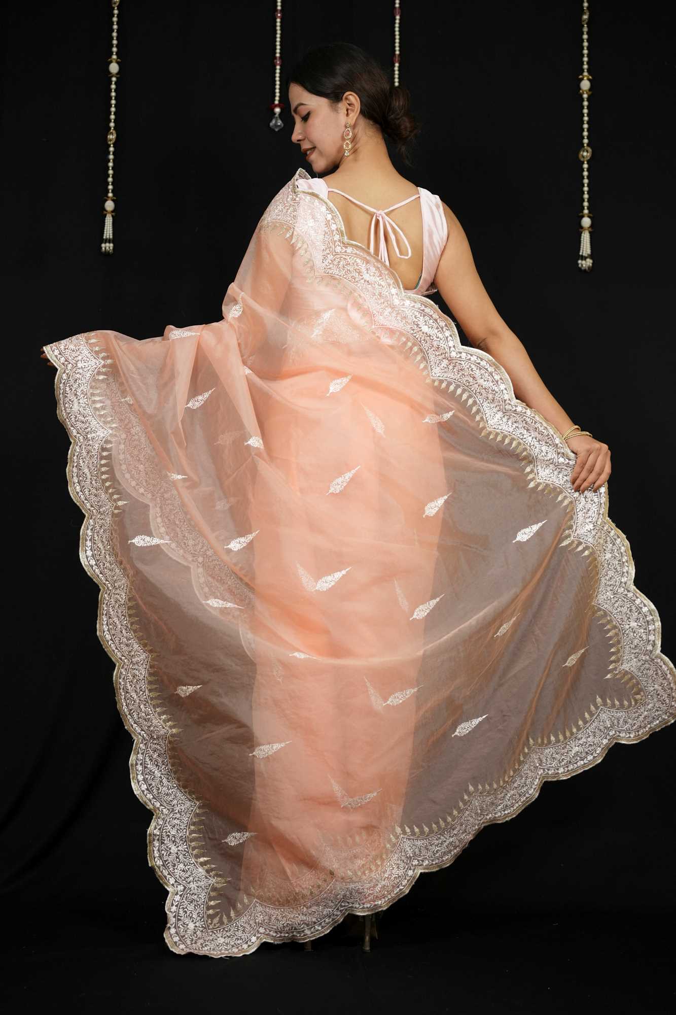 Banarasi-Inspired Kora Silk All-Over Embroidery and Ornate Scalloped Border Ready To Wear Saree