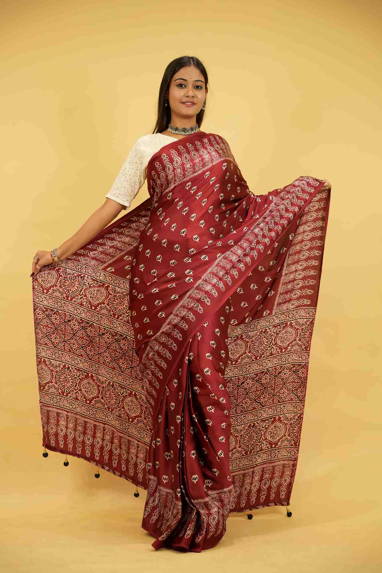 Elegant Red Gaji-Ajrakh Inspired Print with Rich Traditional Block Print Wrap in 1 minute Saree