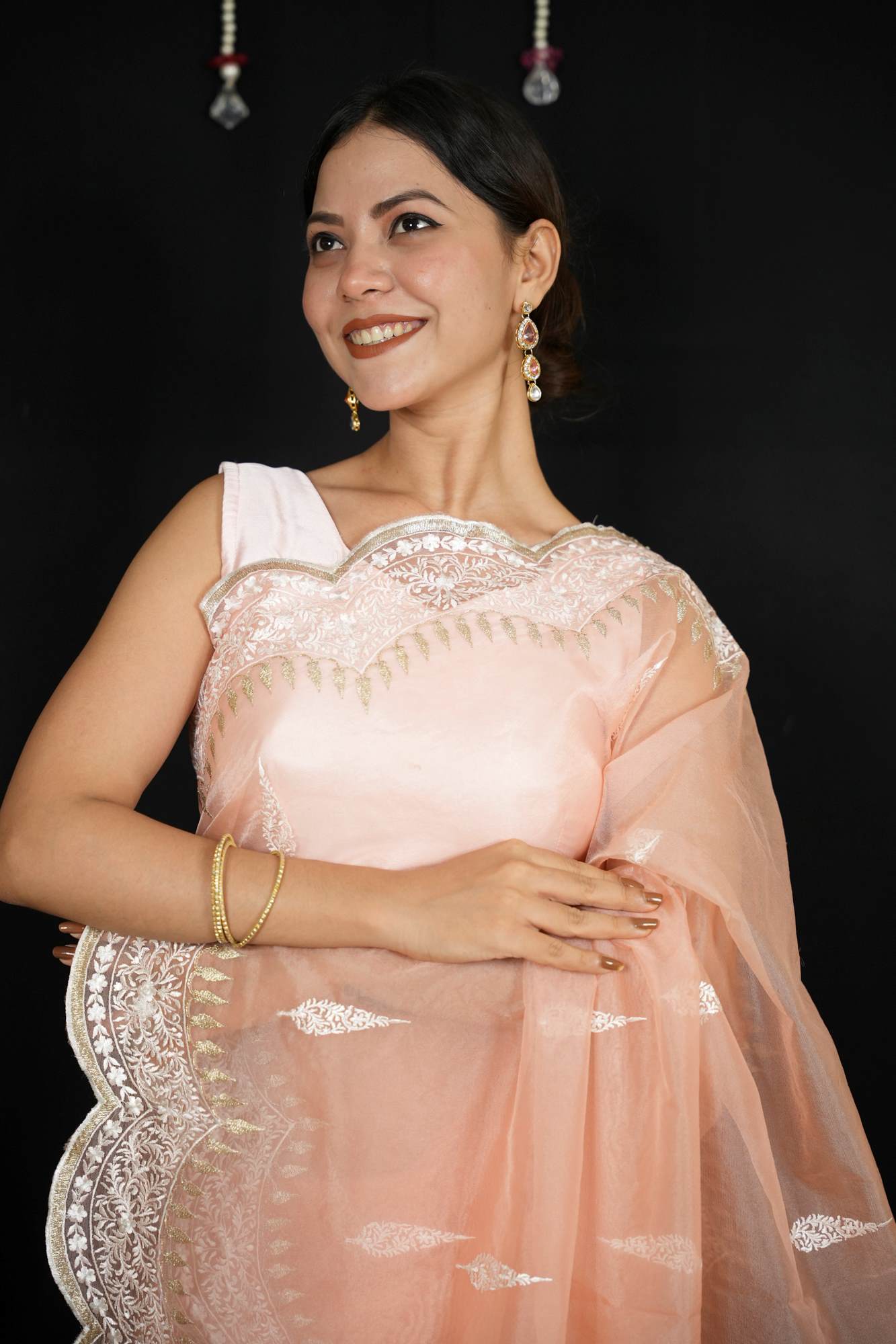 Banarasi-Inspired Kora Silk All-Over Embroidery and Ornate Scalloped Border Ready To Wear Saree