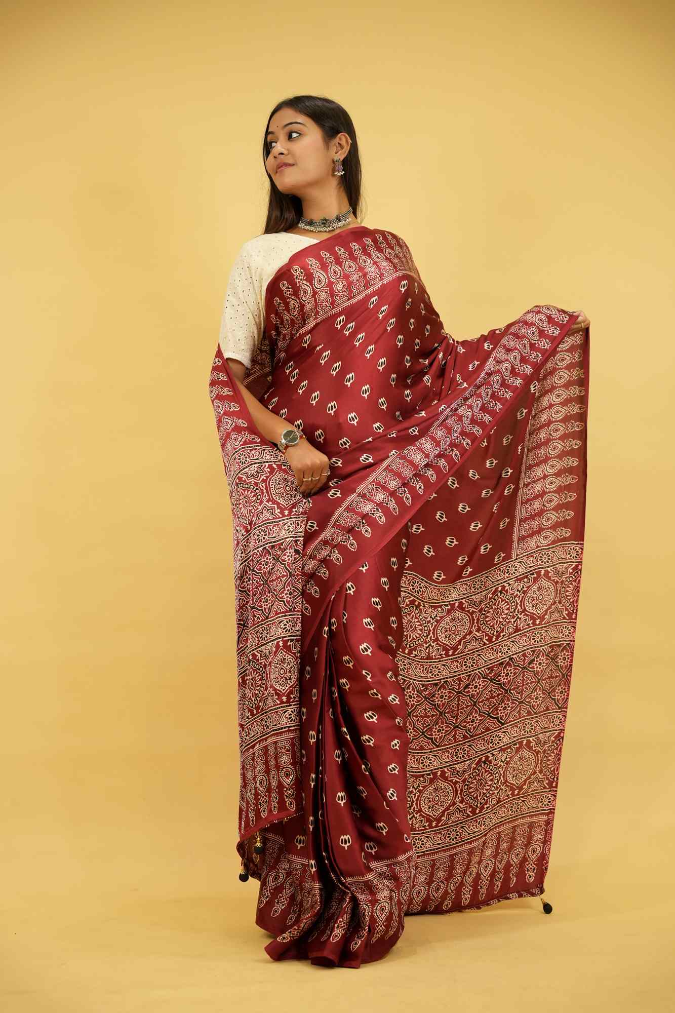 Elegant Red Gaji-Ajrakh Inspired Print with Rich Traditional Block Print Wrap in 1 minute Saree