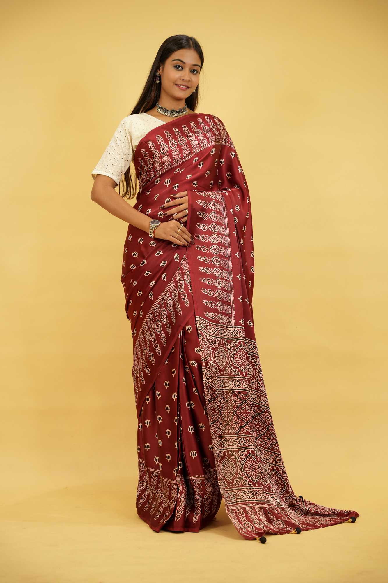 Elegant Red Gaji-Ajrakh Inspired Print with Rich Traditional Block Print Wrap in 1 minute Saree