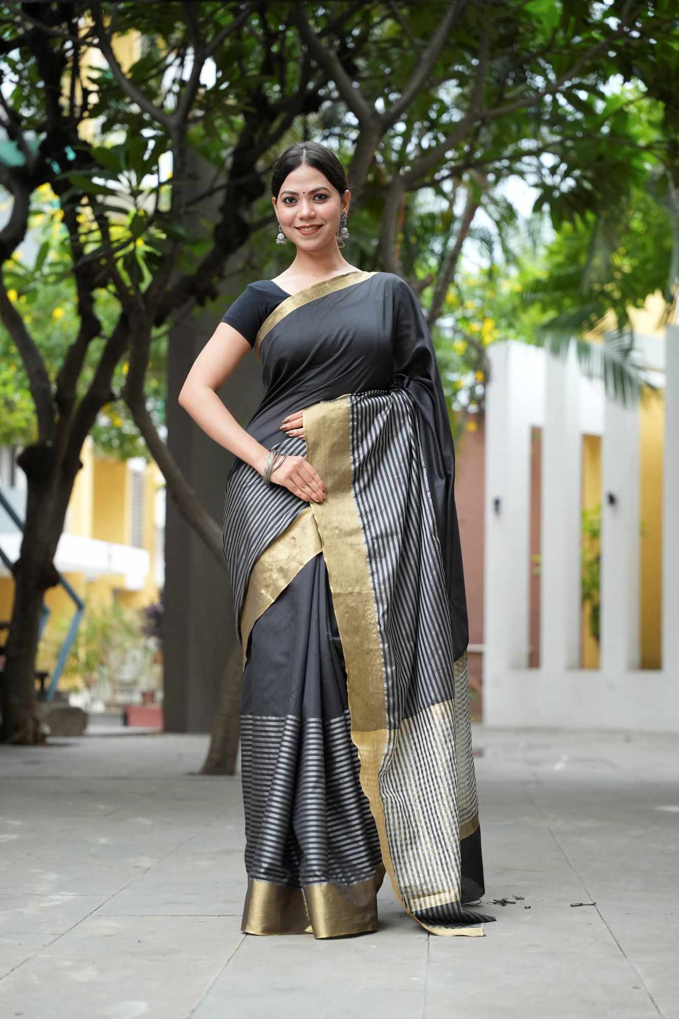Raveena Tandon inspired semi katan silk Black & White Striped with Gold Zari Border Ready To Wear Saree