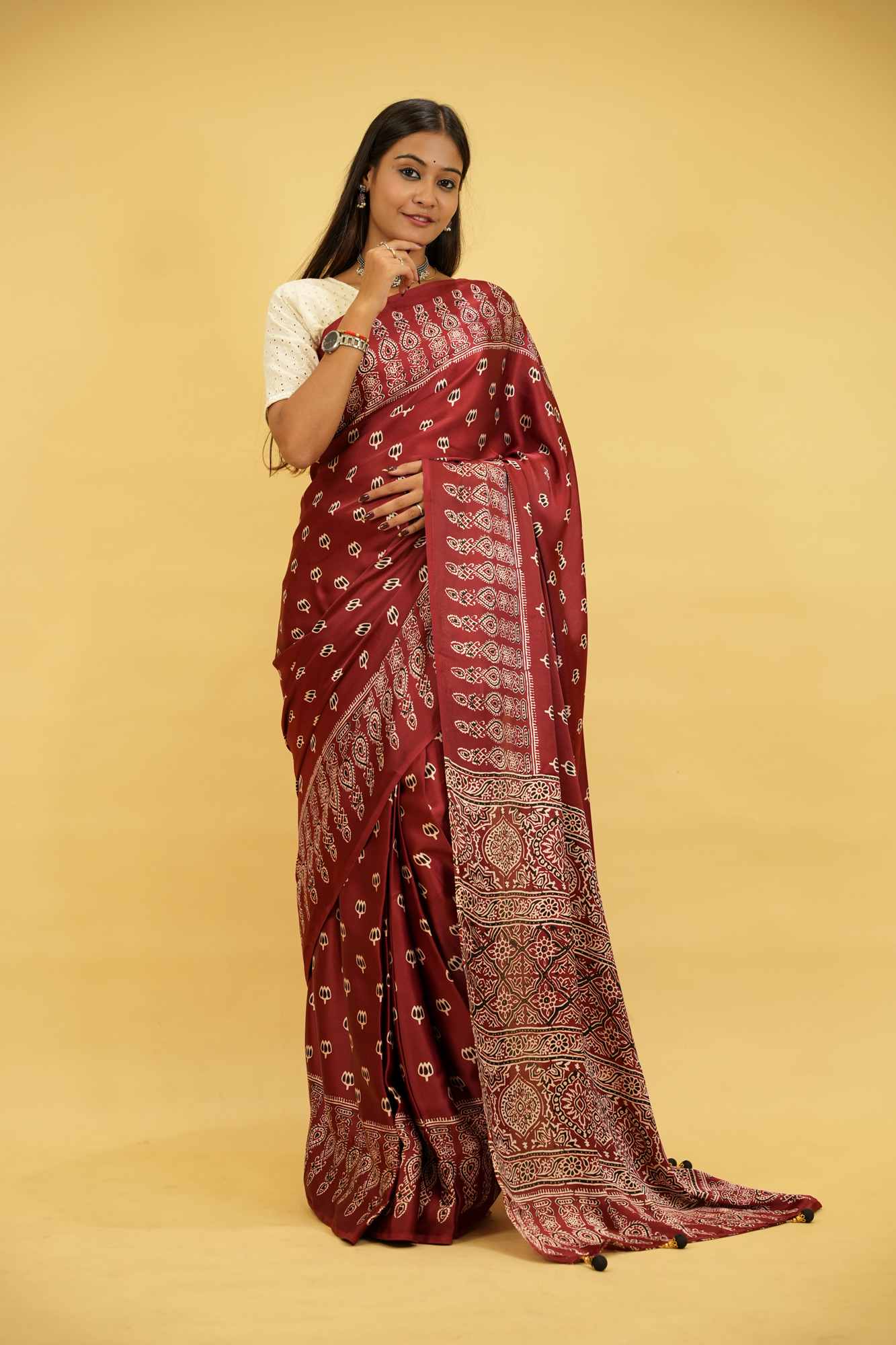 Elegant Red Gaji-Ajrakh Inspired Print with Rich Traditional Block Print Wrap in 1 minute Saree
