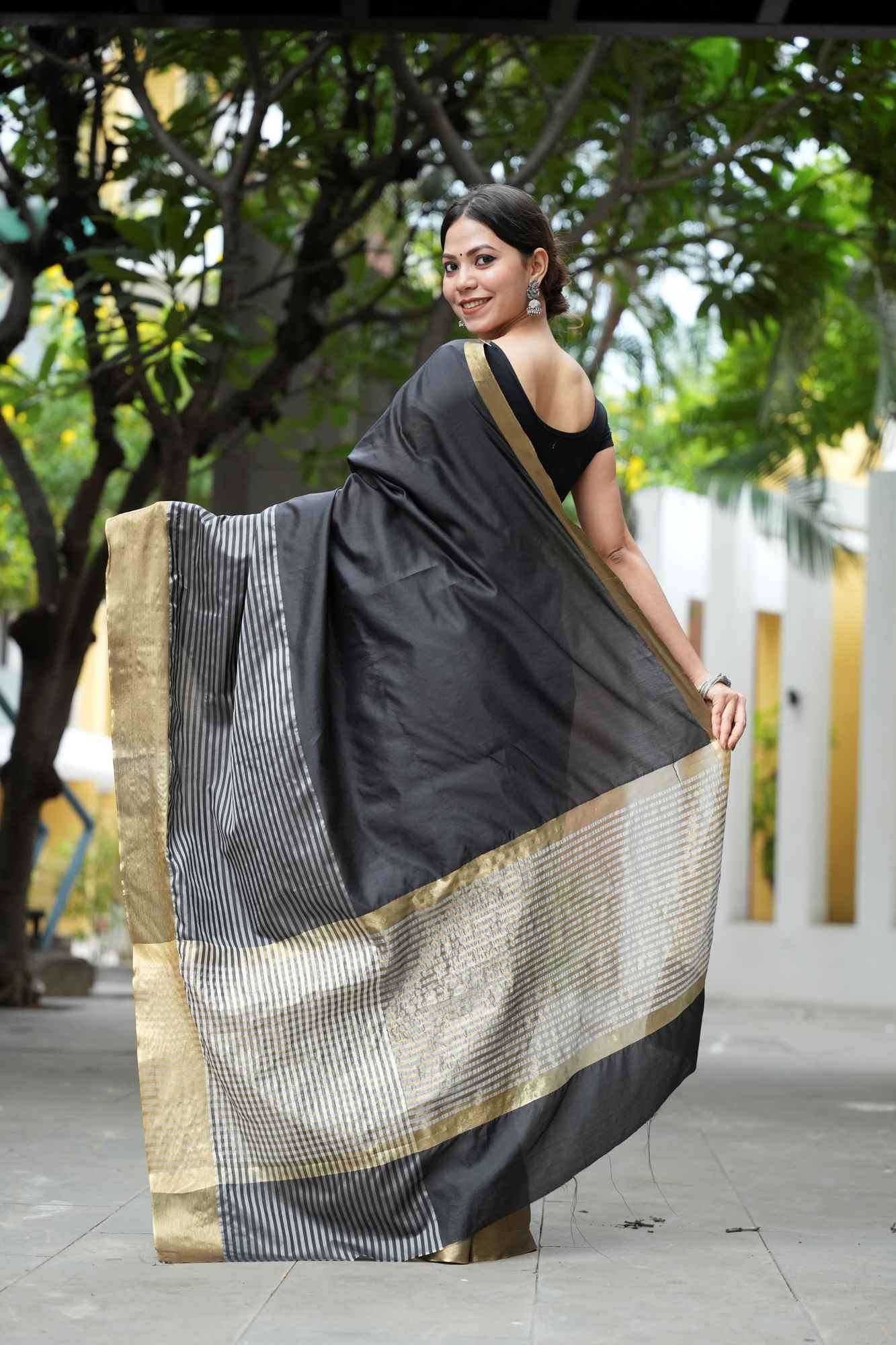 Raveena Tandon inspired semi katan silk Black & White Striped with Gold Zari Border Ready To Wear Saree