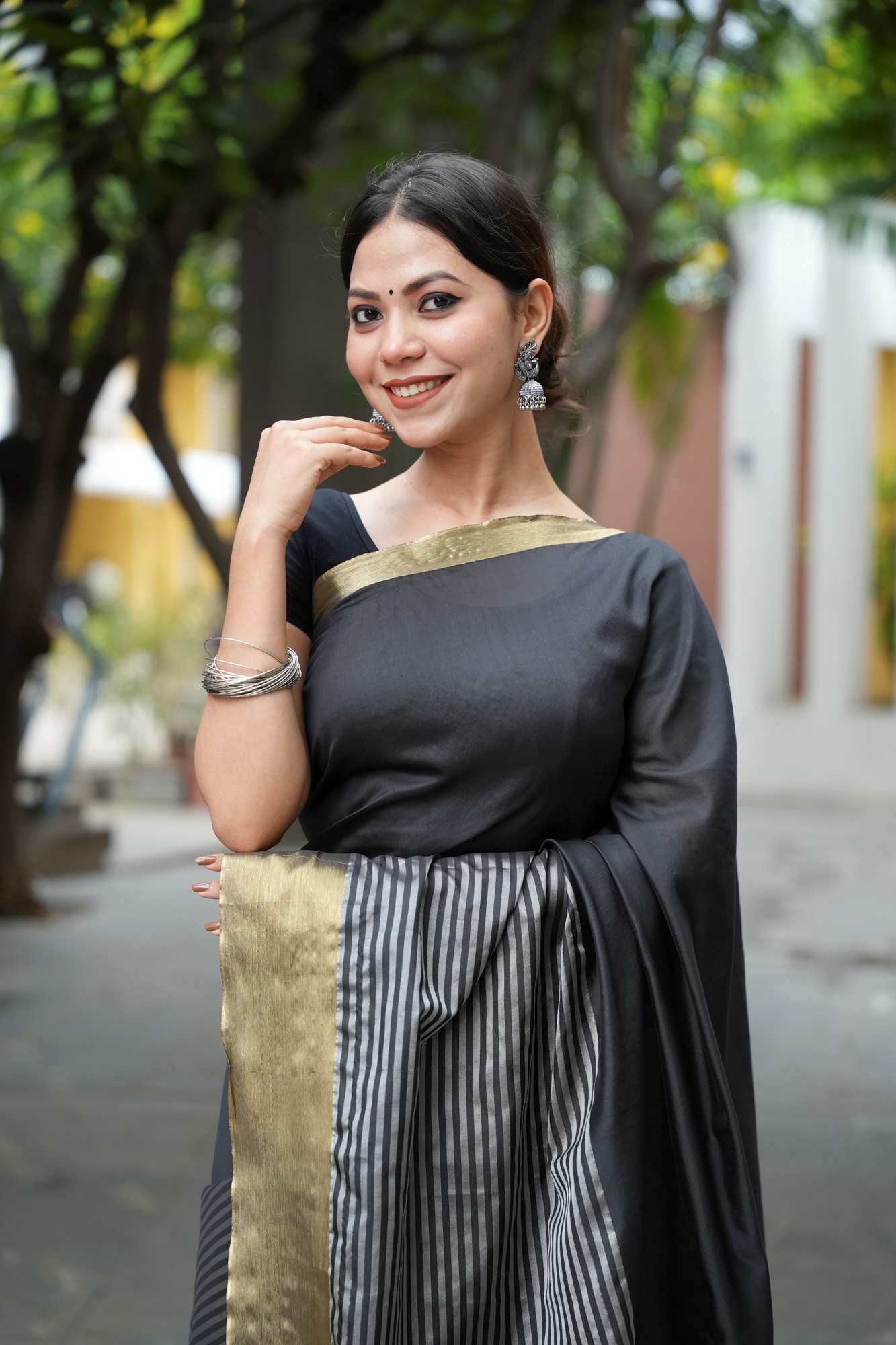 Raveena Tandon inspired semi katan silk Black & White Striped with Gold Zari Border Ready To Wear Saree