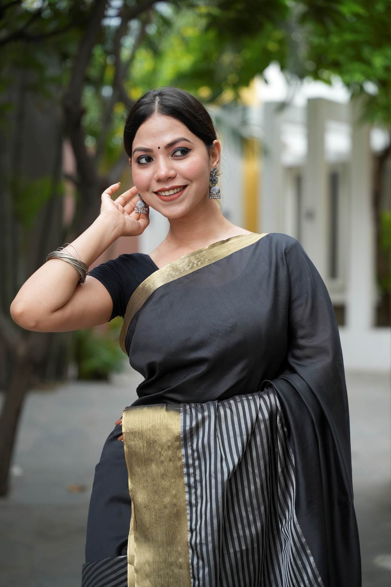 Raveena Tandon inspired semi katan silk Black & White Striped with Gold Zari Border Ready To Wear Saree