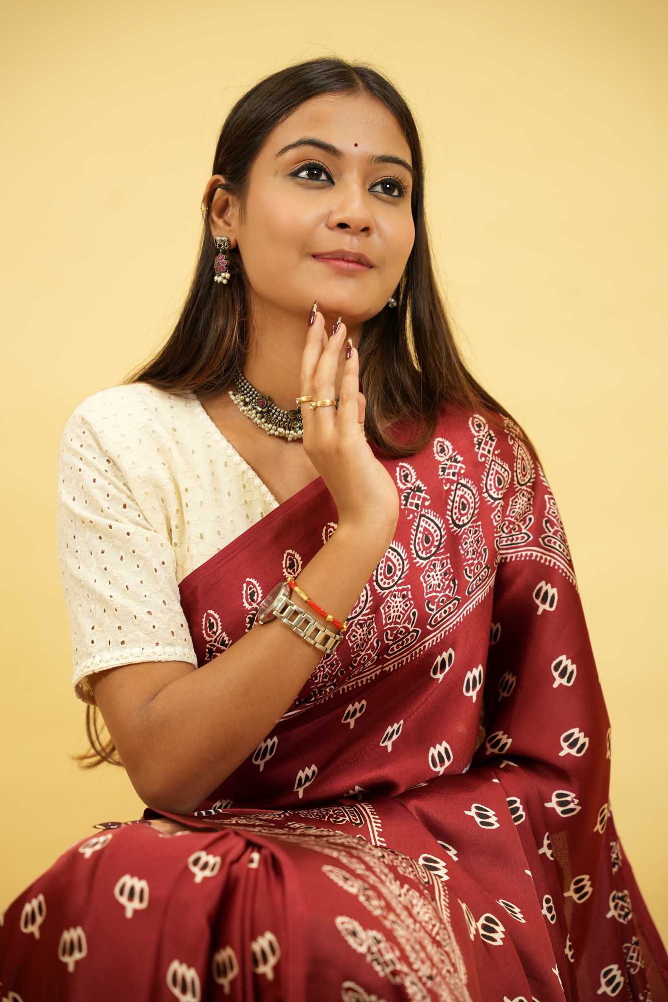 Elegant Red Gaji-Ajrakh Inspired Print with Rich Traditional Block Print Wrap in 1 minute Saree