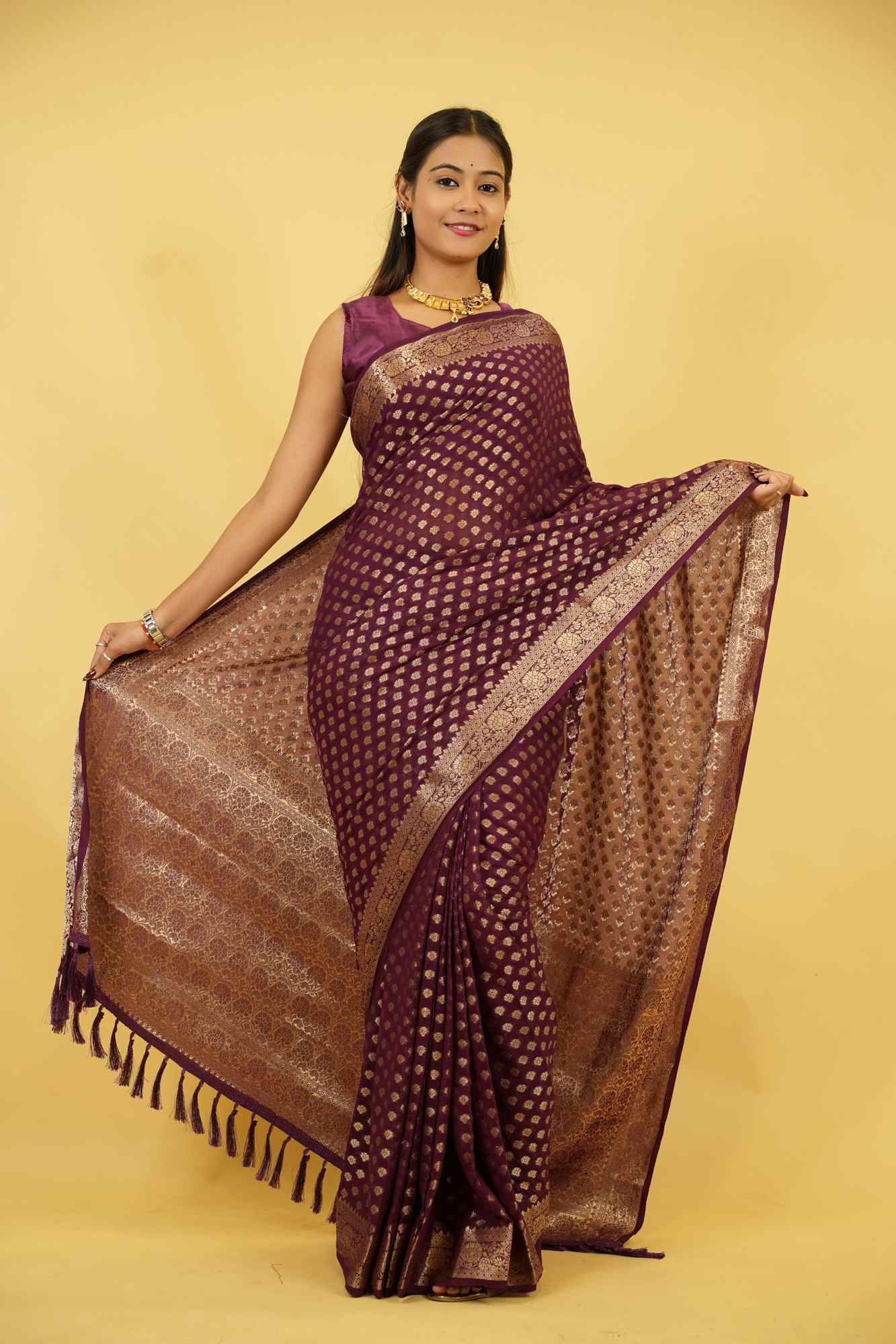 Royal Purple Khadi Georgette Silk with Intricate Gold Zari Work Ready To Wear Saree