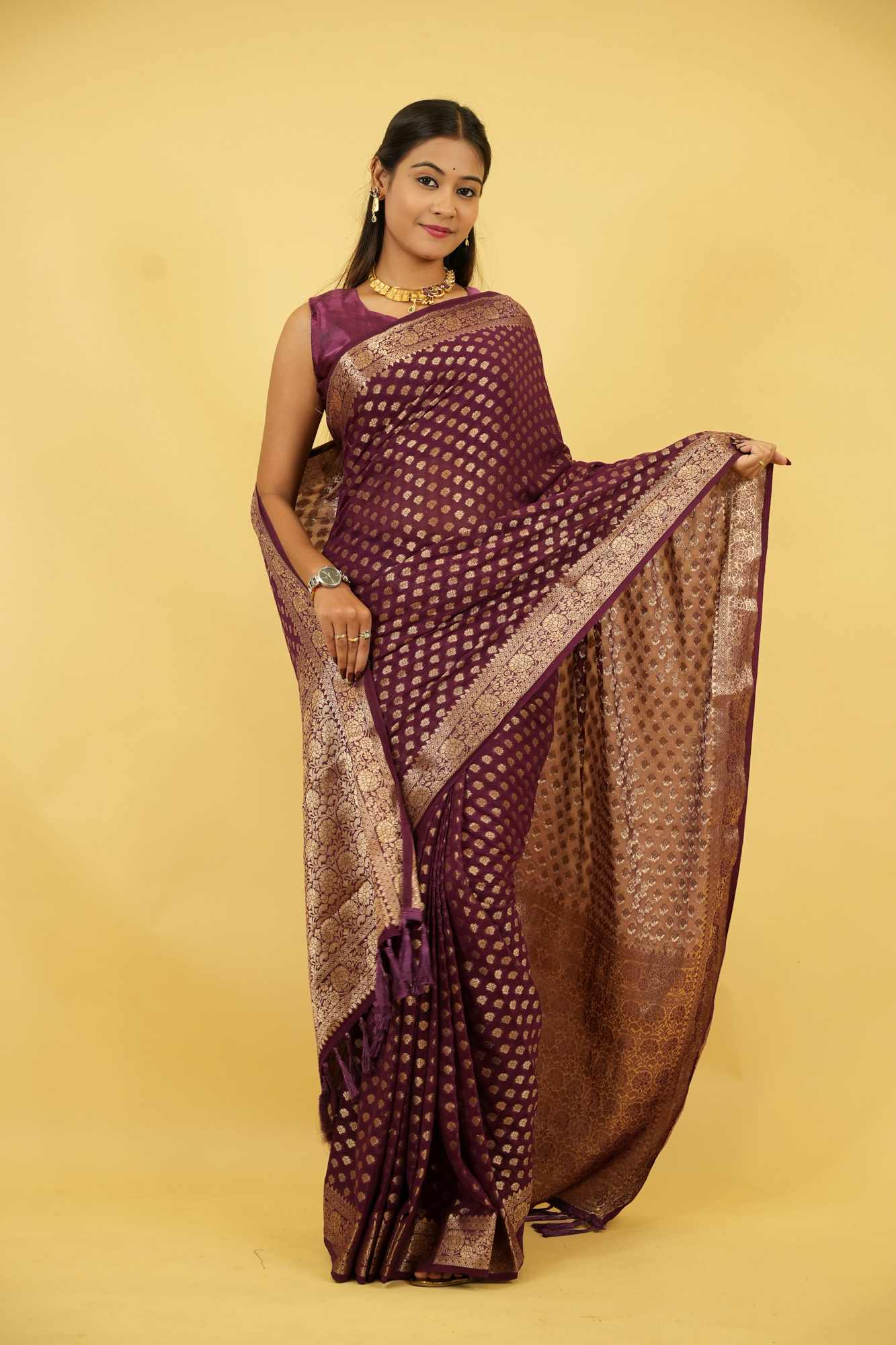 Royal Purple Khadi Georgette Silk with Intricate Gold Zari Work Ready To Wear Saree