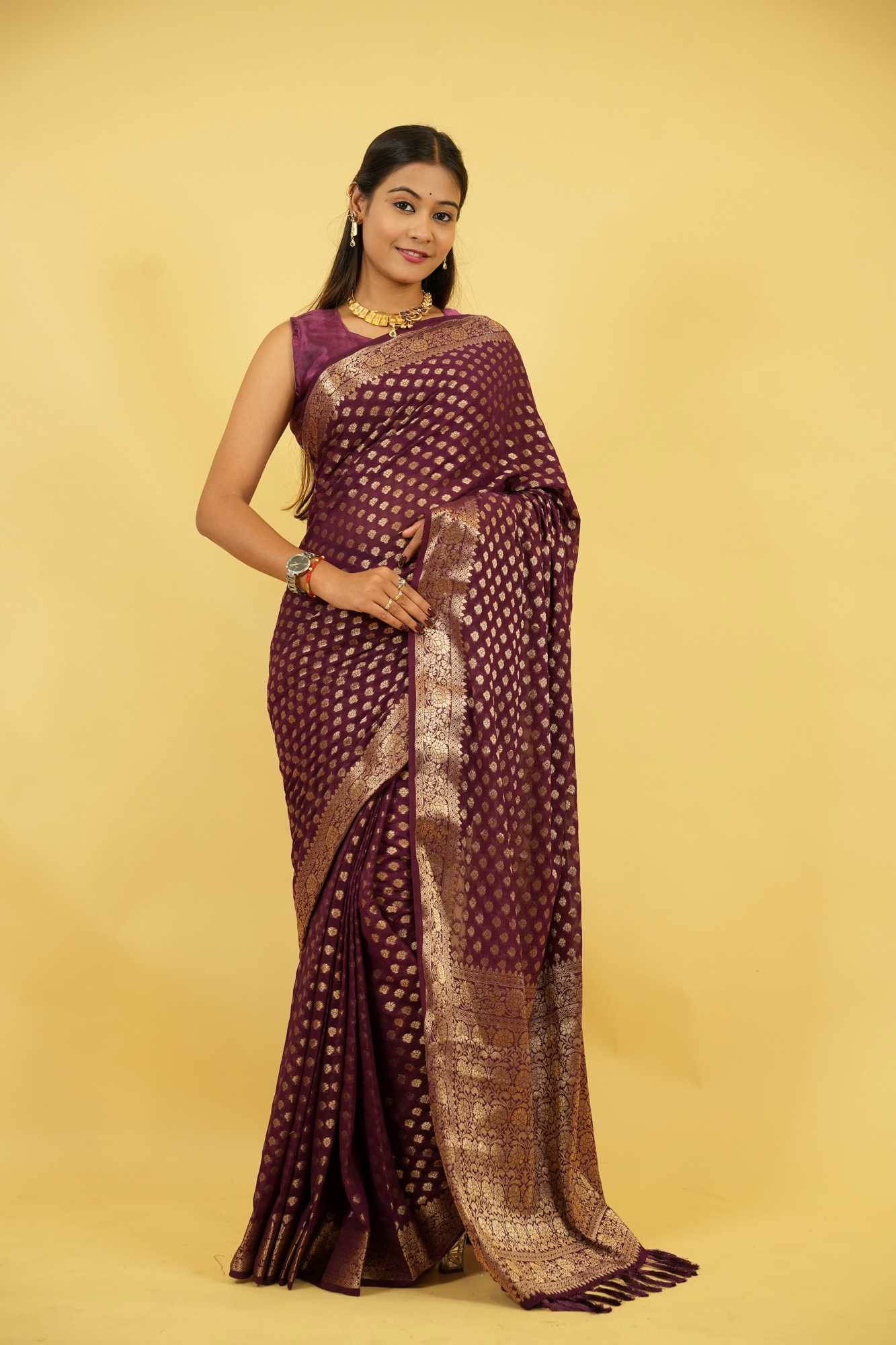 Royal Purple Khadi Georgette Silk with Intricate Gold Zari Work Ready To Wear Saree