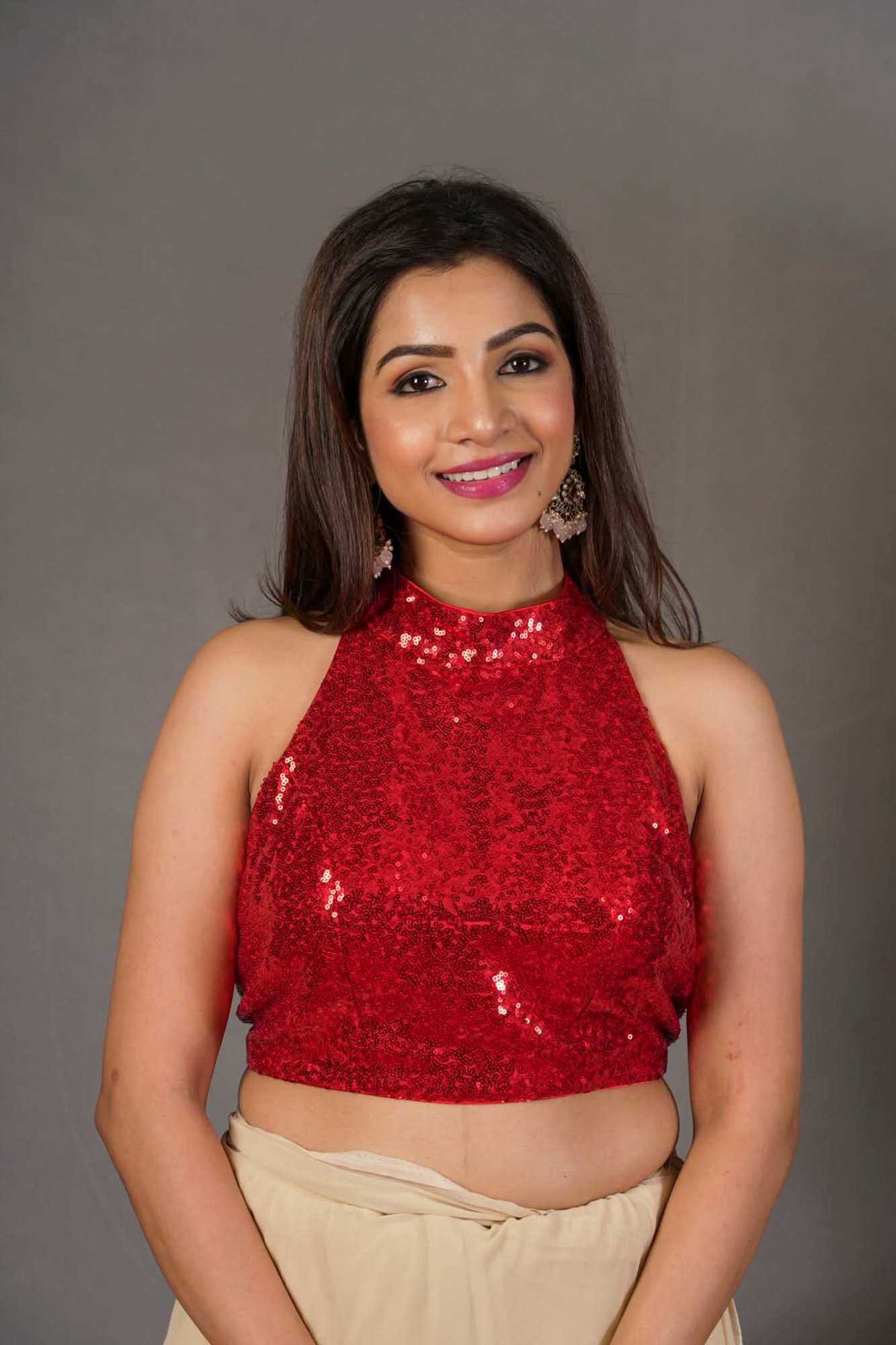 Sequin Halter neck and backless design Blouse in Red