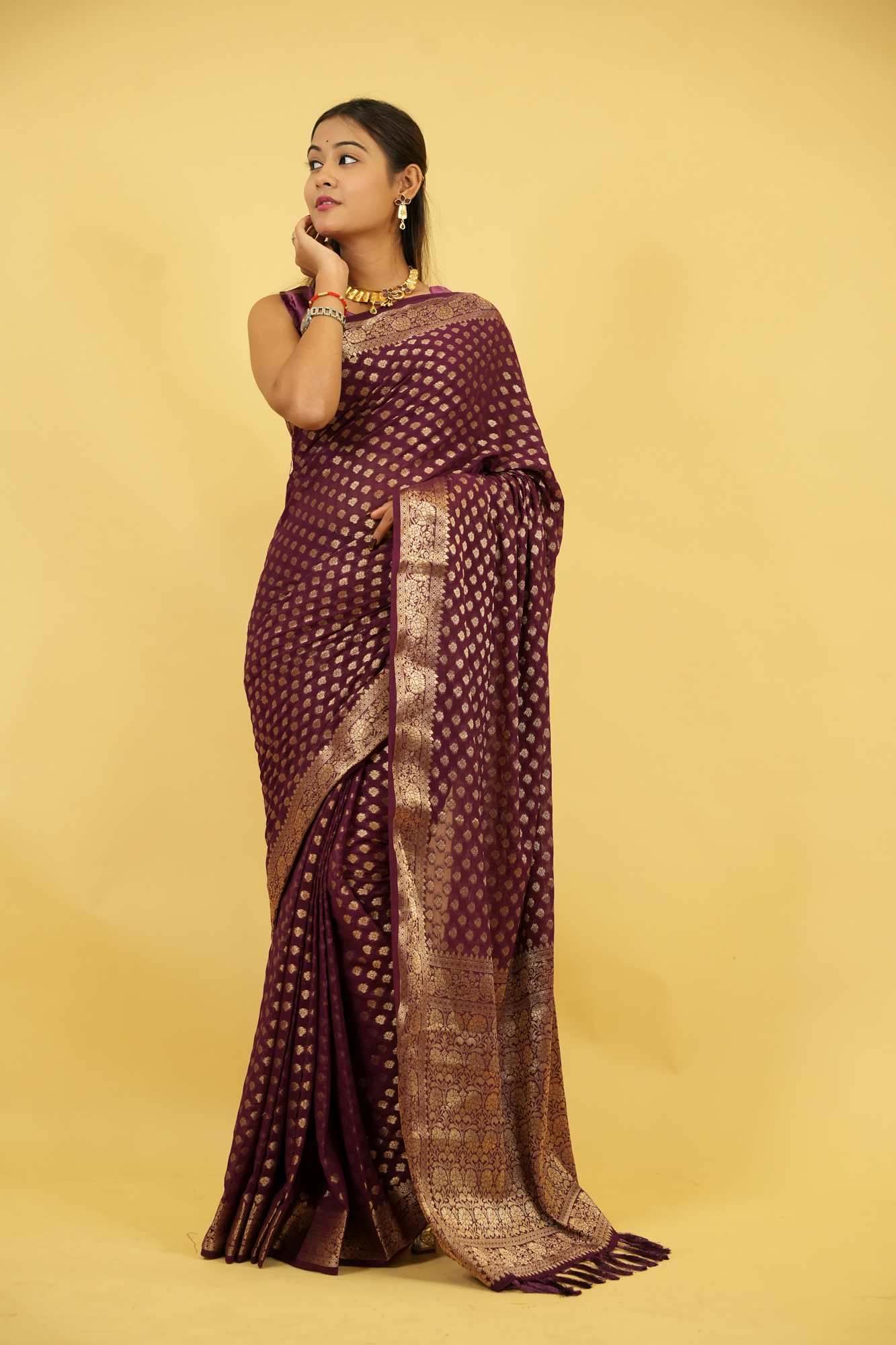 Royal Purple Khadi Georgette Silk with Intricate Gold Zari Work Ready To Wear Saree