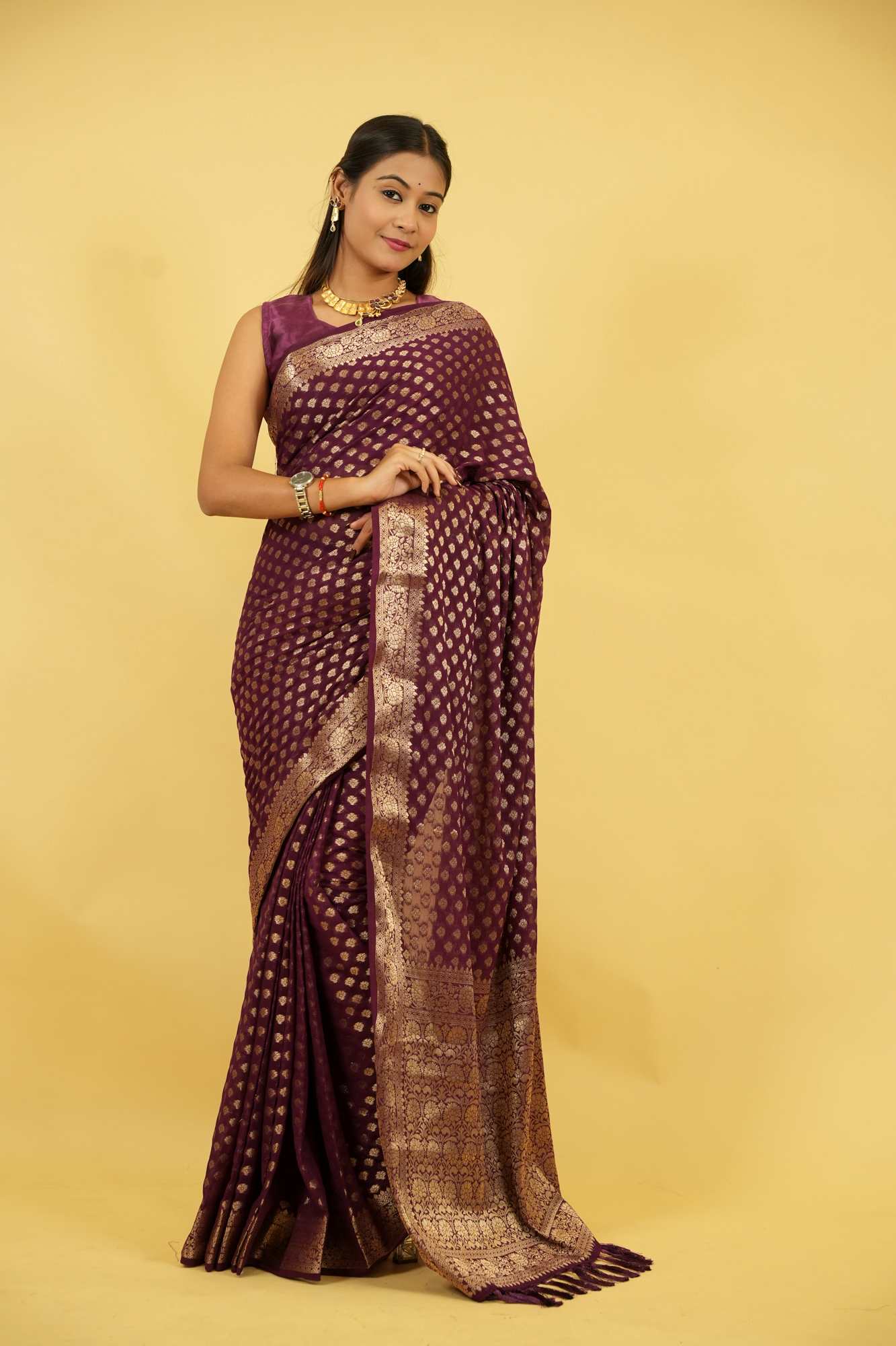 Royal Purple Khadi Georgette Silk with Intricate Gold Zari Work Ready To Wear Saree