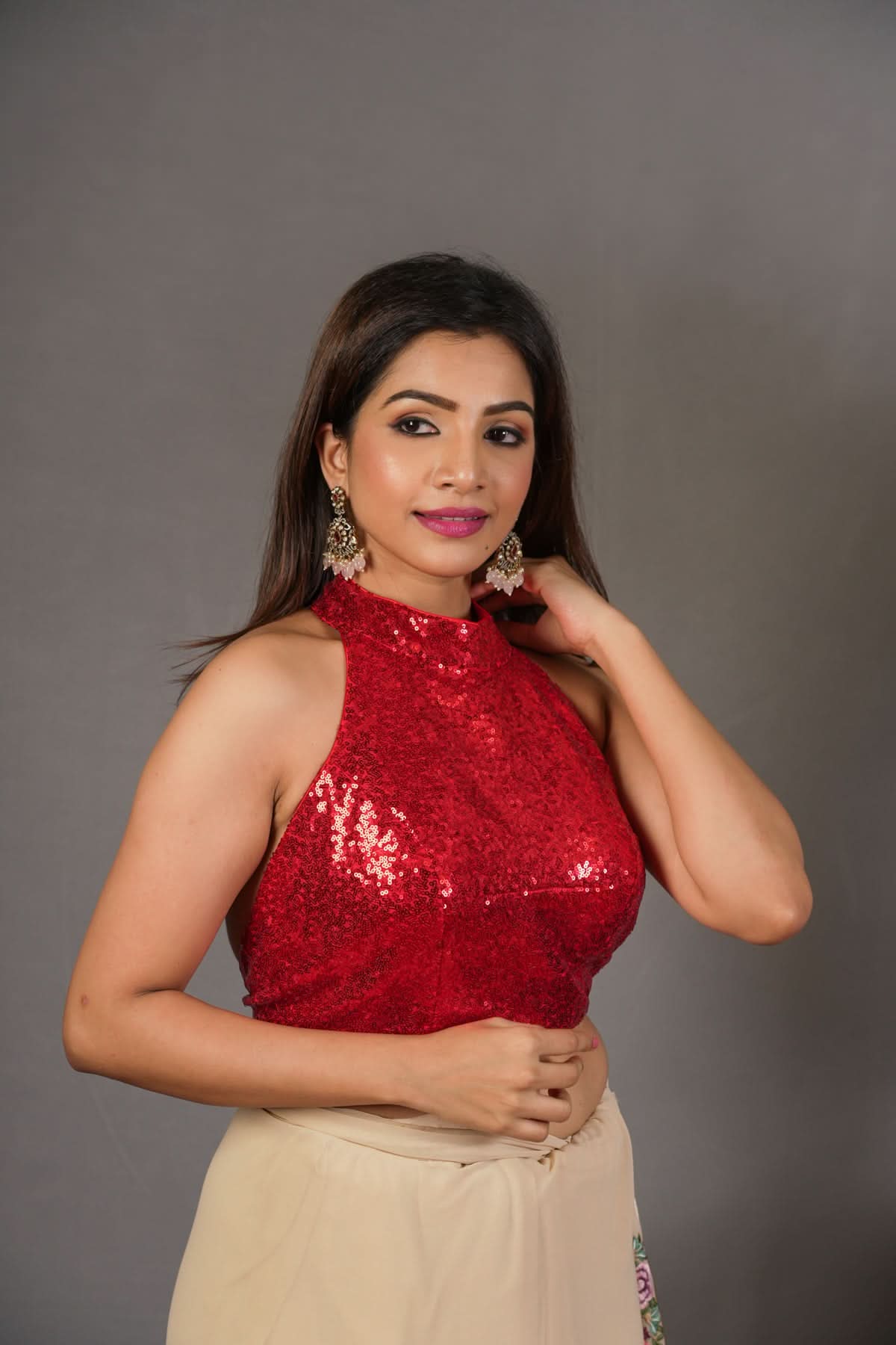 Sequin Halter neck and backless design Blouse in Red | Shobitam