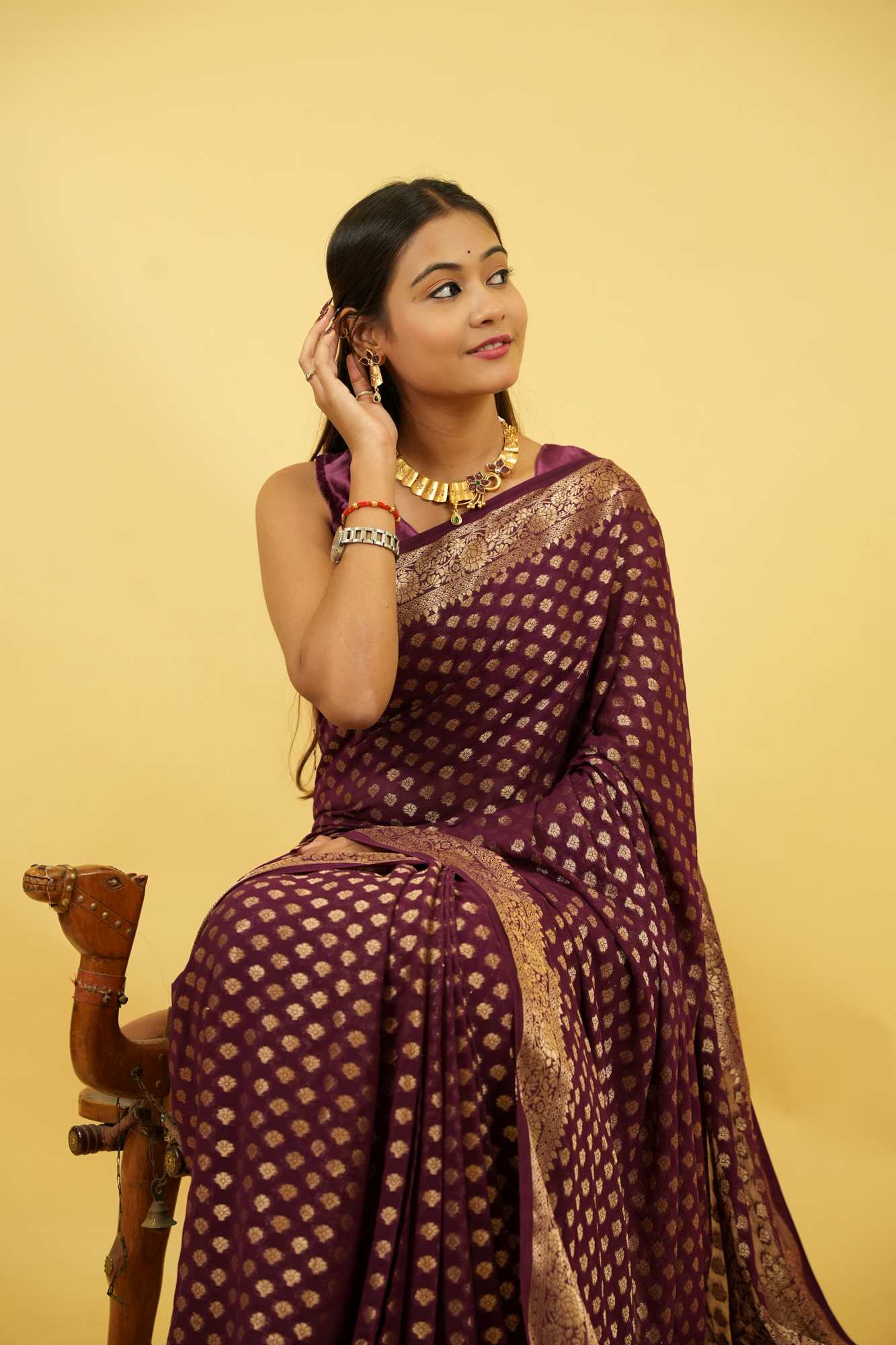 Royal Purple Khadi Georgette Silk with Intricate Gold Zari Work Ready To Wear Saree