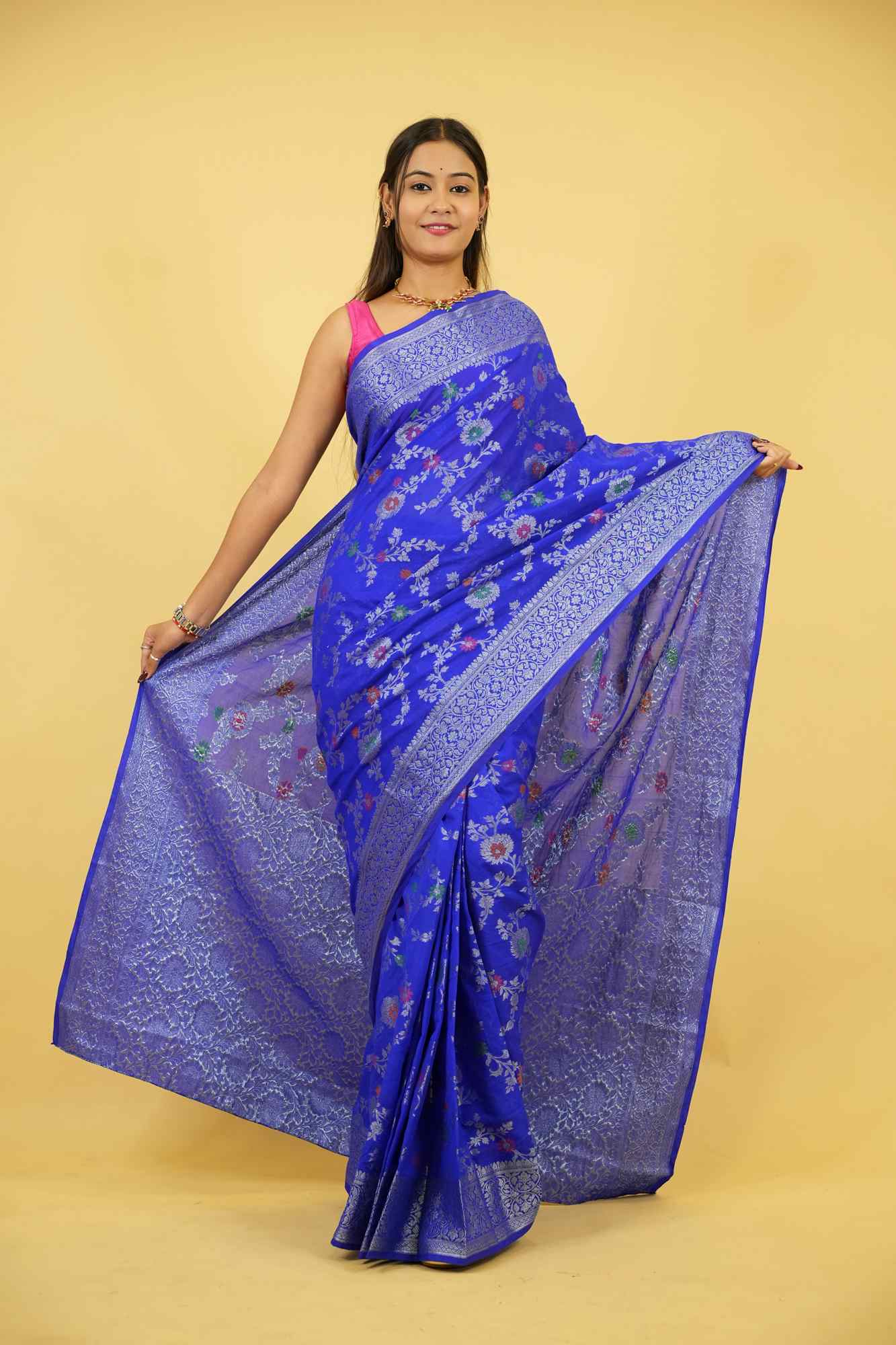 Royal Blue Jaal Embroidery Georgette silk with mina work ready to wear saree