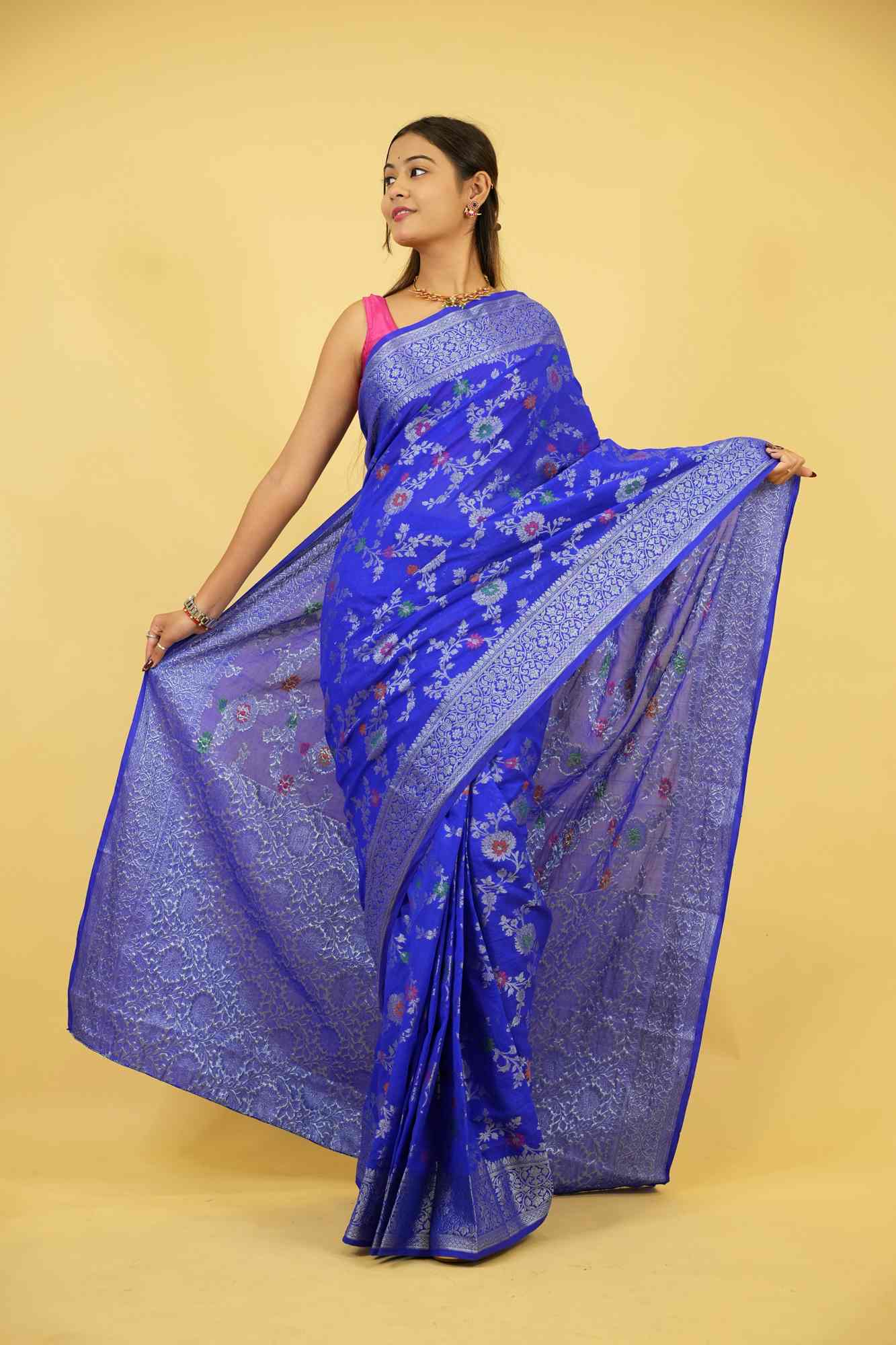 Royal Blue Jaal Embroidery Georgette silk with mina work ready to wear saree