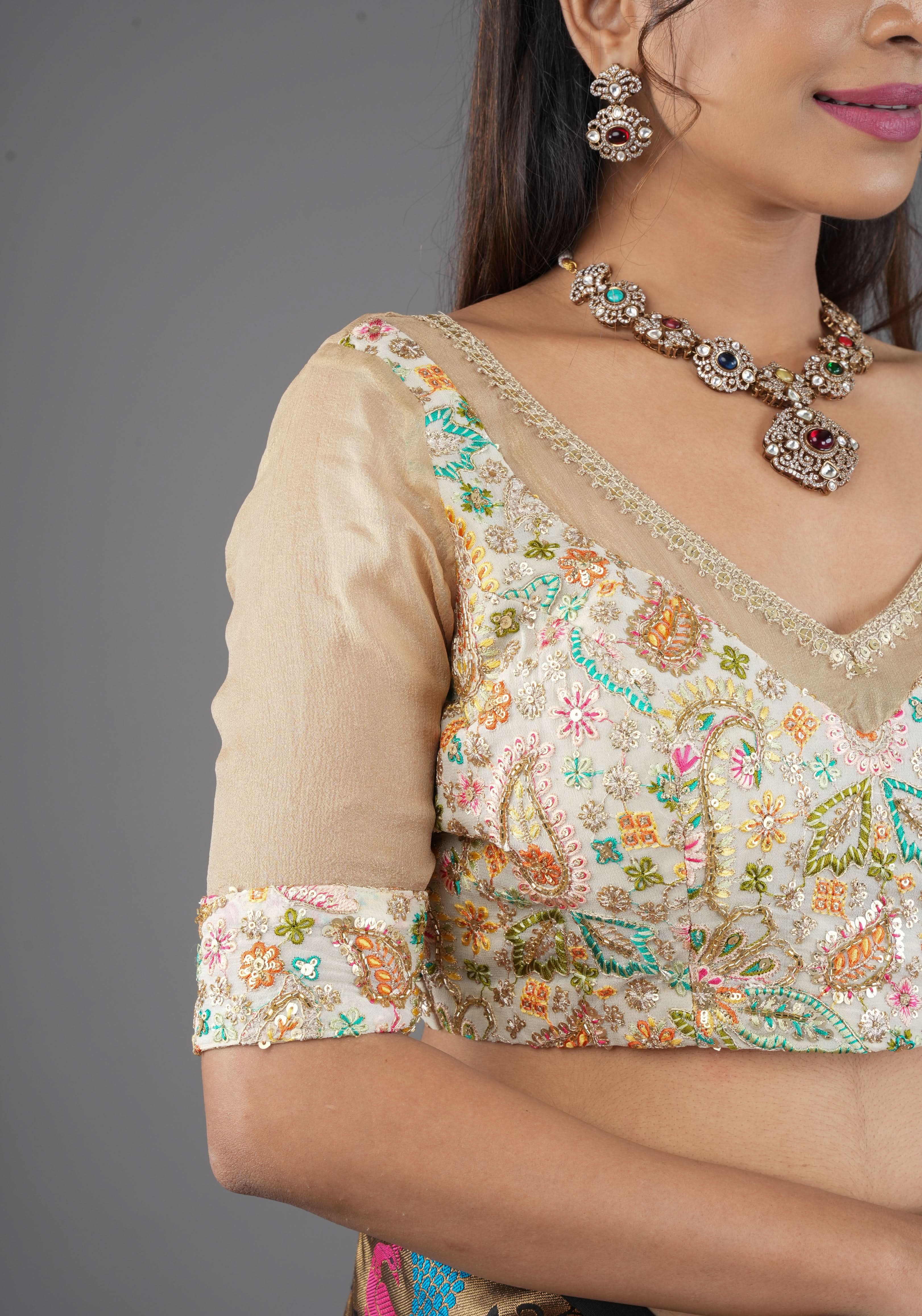 Cream Georgette Embroidered Blouse sequin cutdana and pure Tissue Chiffon detailing, Customizable, Made To Order | Shobitam