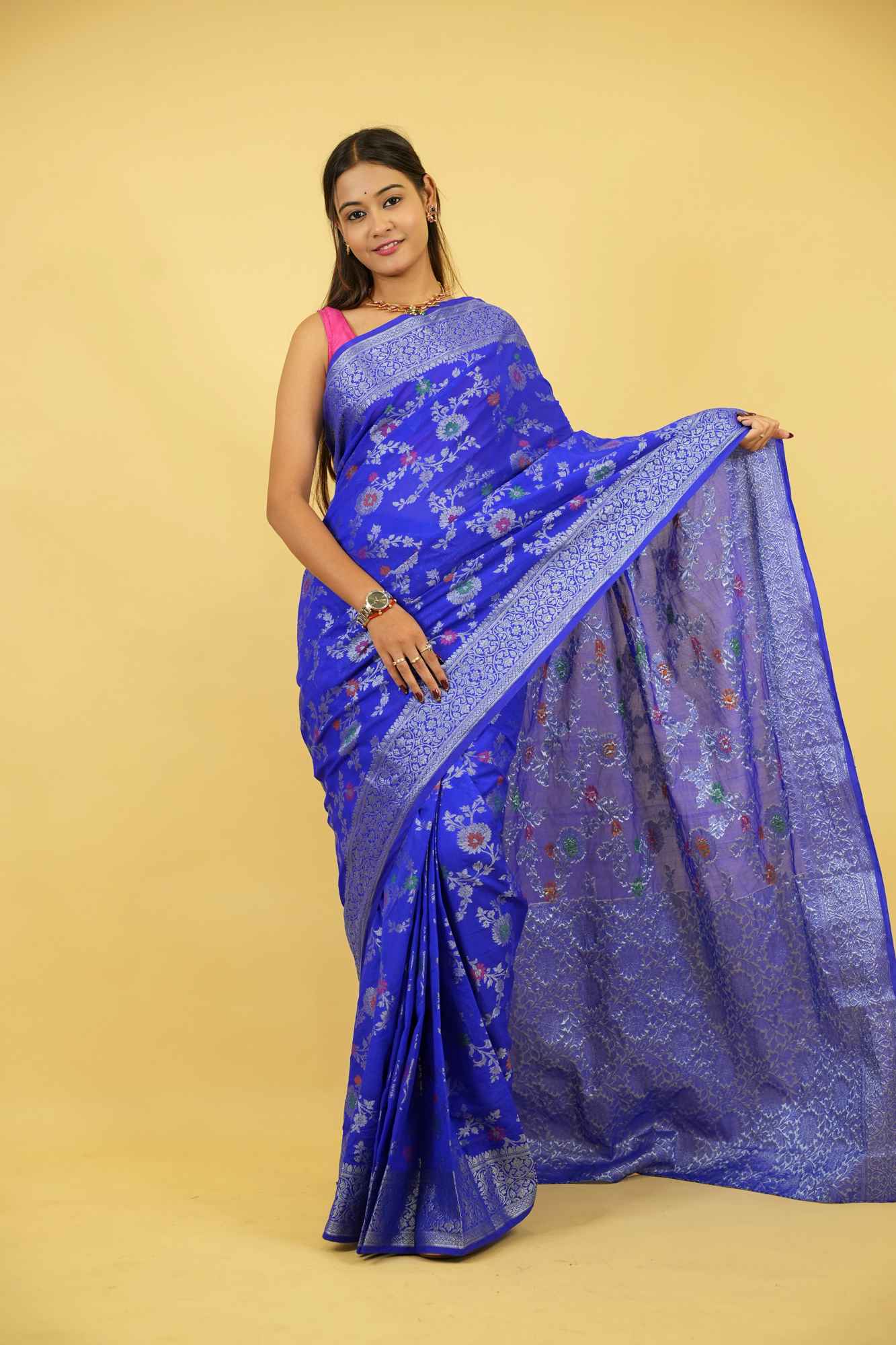 Royal Blue Jaal Embroidery Georgette silk with mina work ready to wear saree