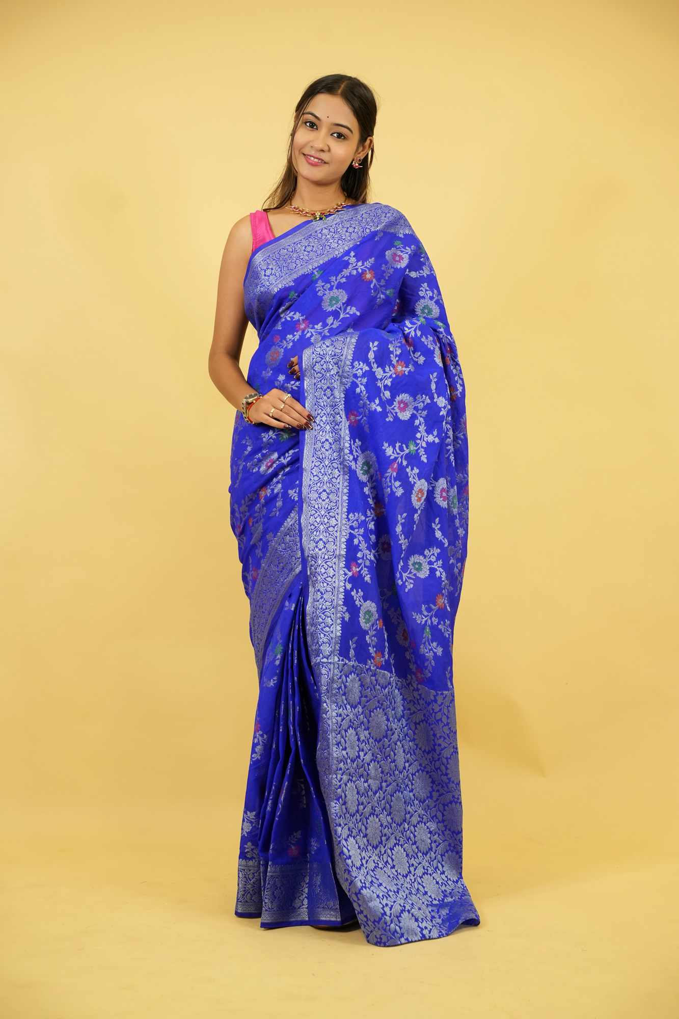Royal Blue Jaal Embroidery Georgette silk with mina work ready to wear saree