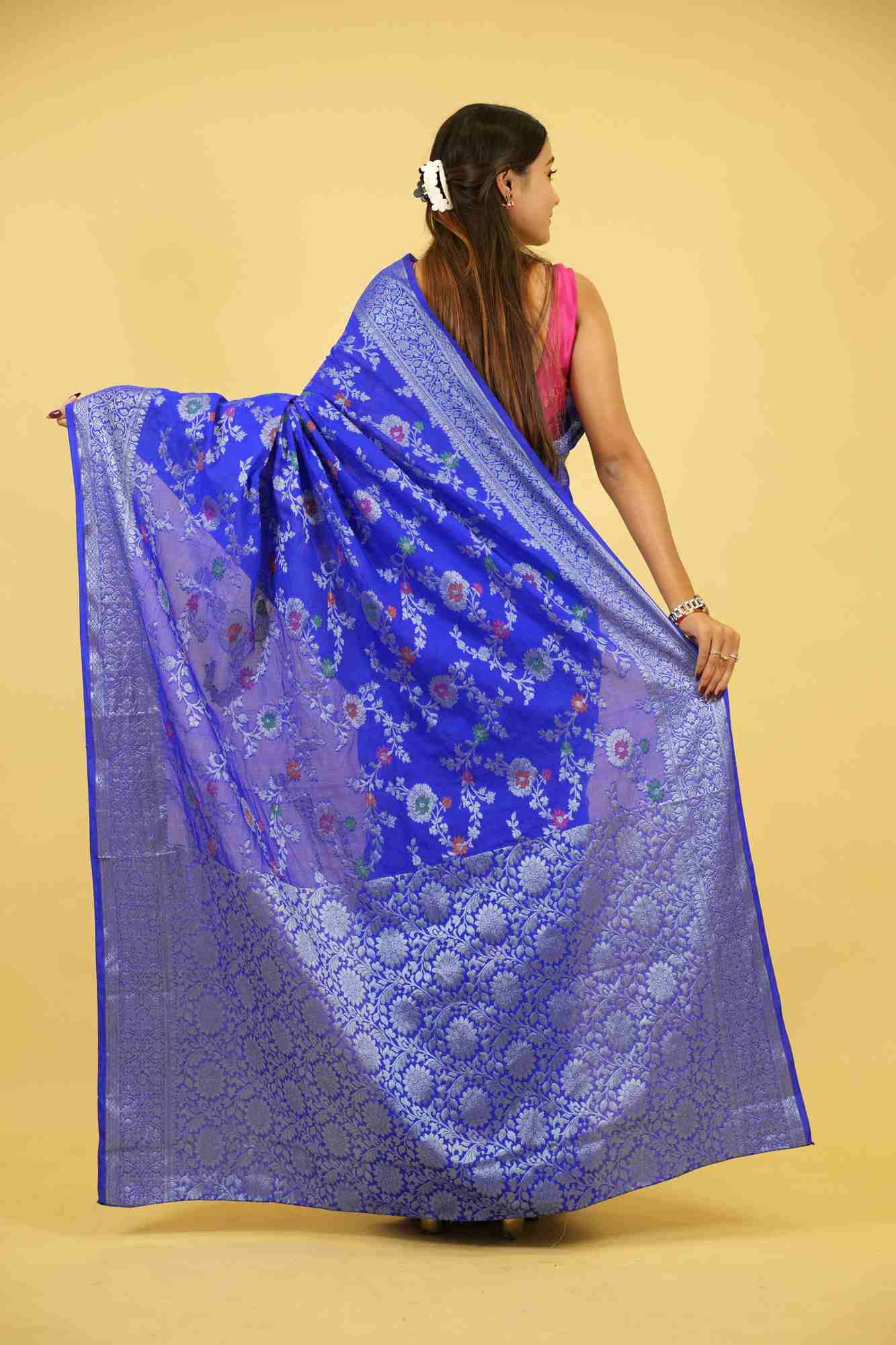 Royal Blue Jaal Embroidery Georgette silk with mina work ready to wear saree