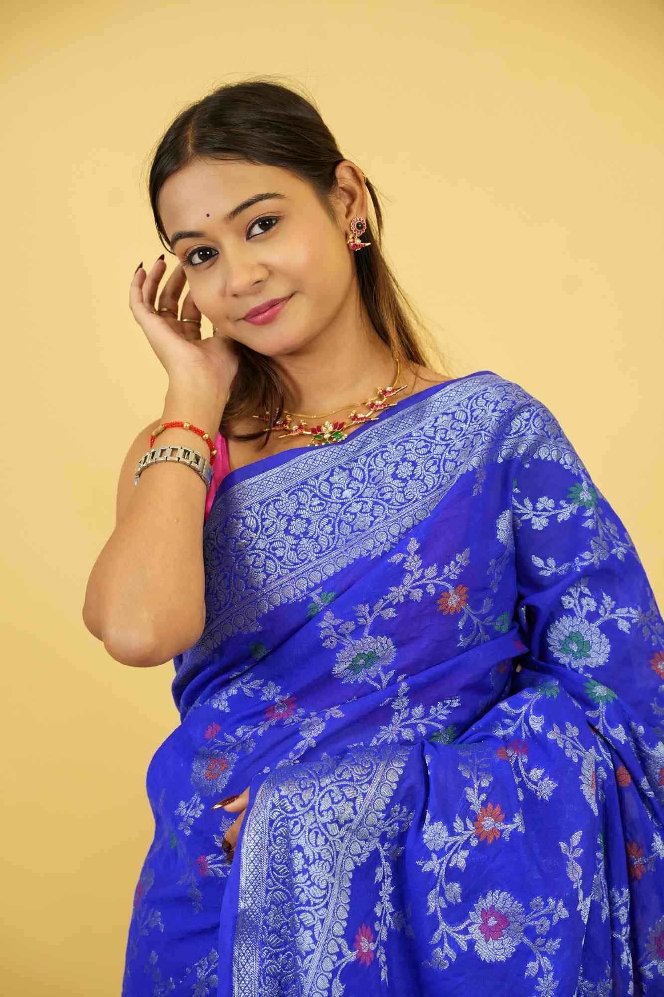 Royal Blue Jaal Embroidery Georgette silk with mina work ready to wear saree