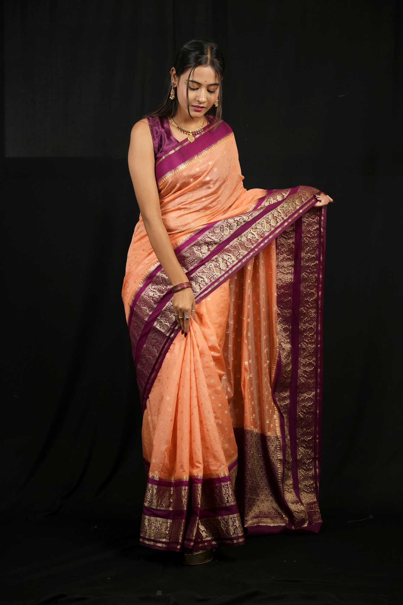 Kanchipuram prestitched saree with ornate woven border and pallu