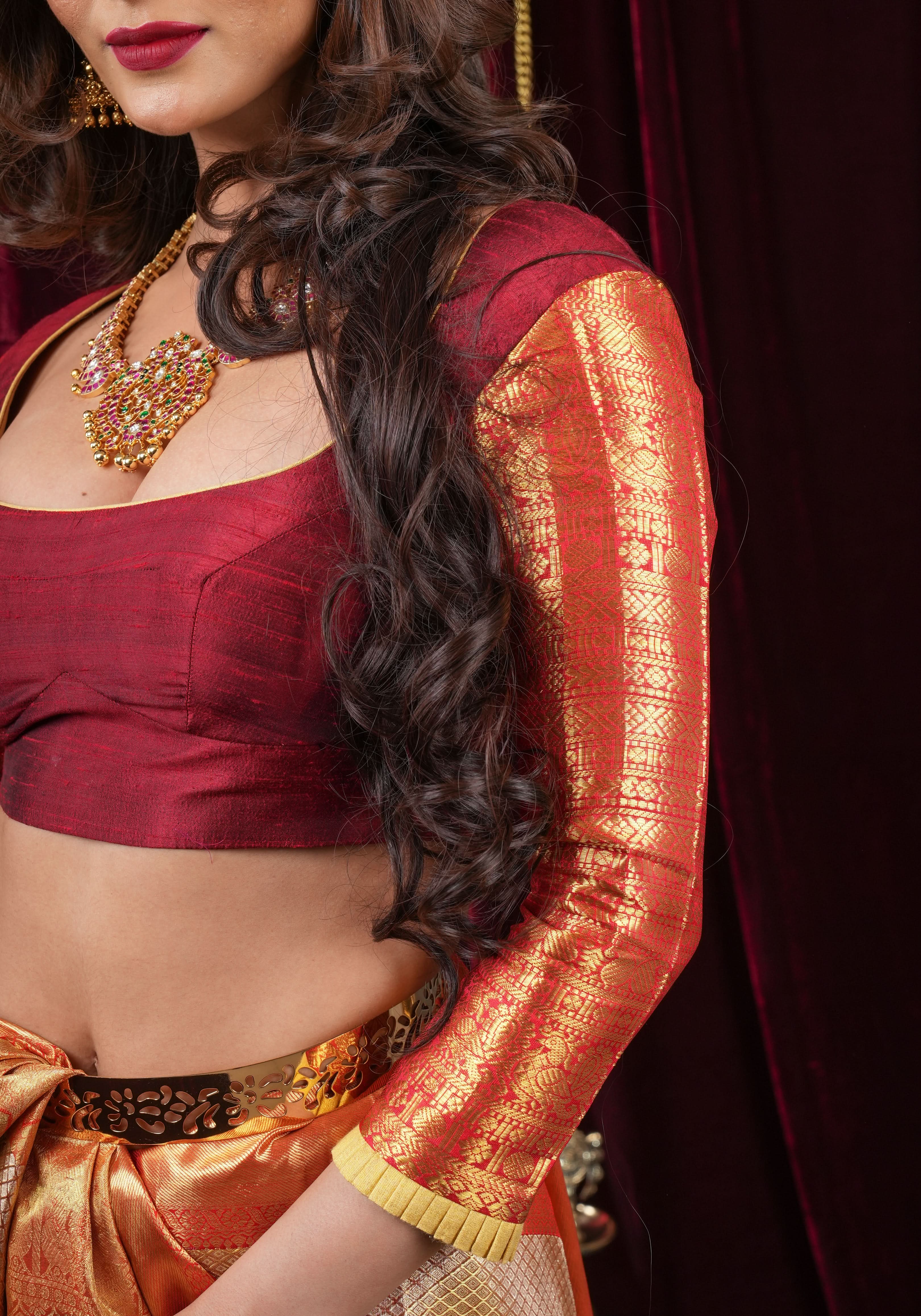 Maroon Raw Silk Blouse withscoop neck and 16" Kanjivaram zari sleeve detailing| Made to order | Shobitam
