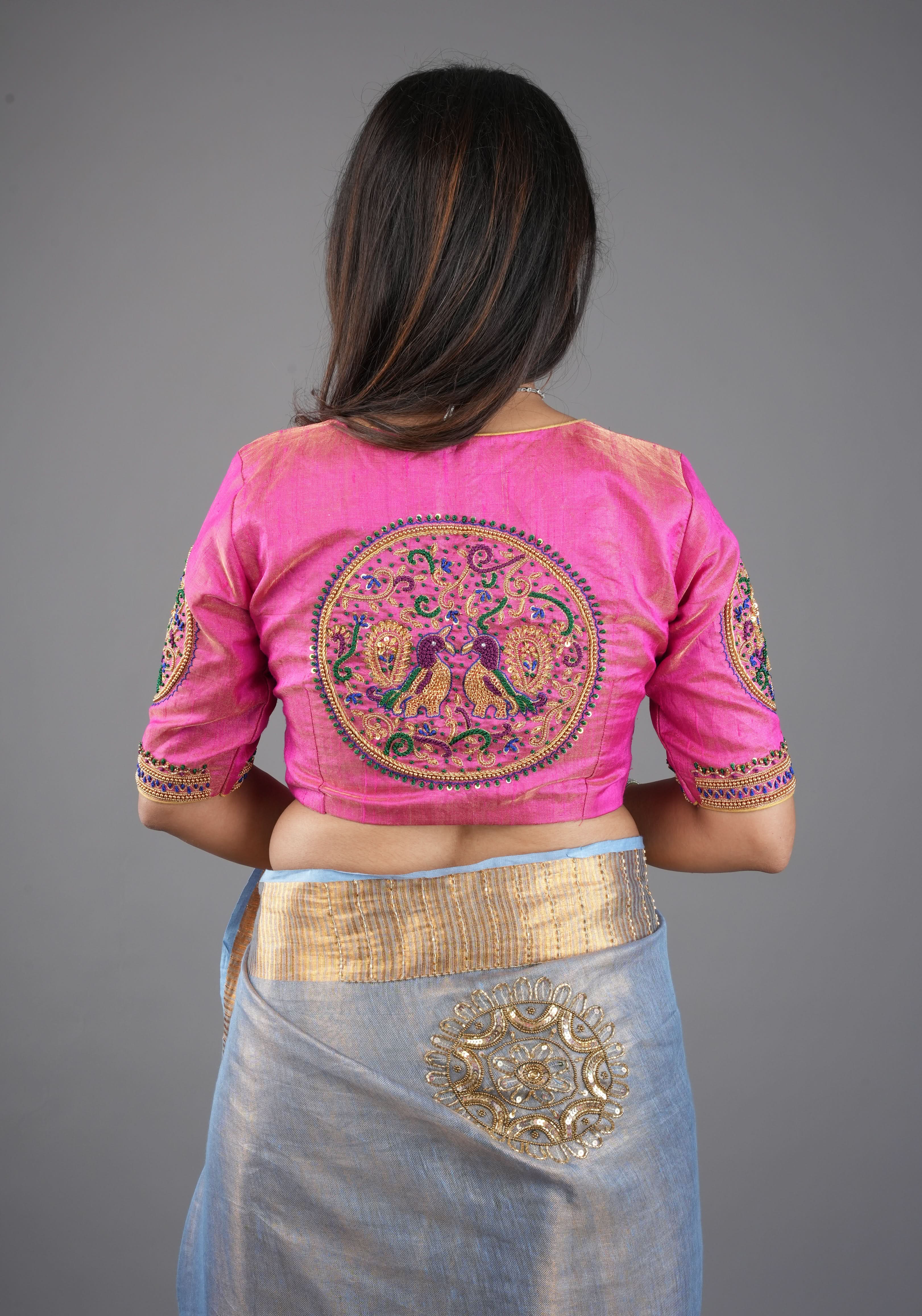 Pink Pure Tissue Raw Silk Blouse With Hand Embroidered Peacock Mandalas, Customizable, Made to Order | Shobitam