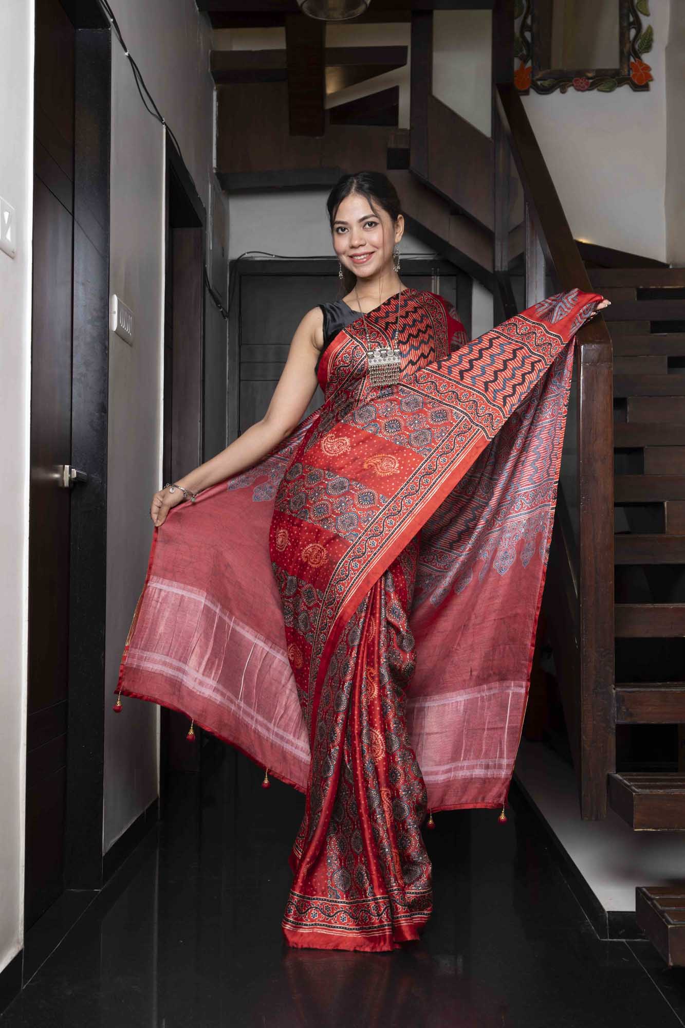 Elegant Red Traditional Ajrak Handblock Soft Modal Silk Ready To Wear Saree