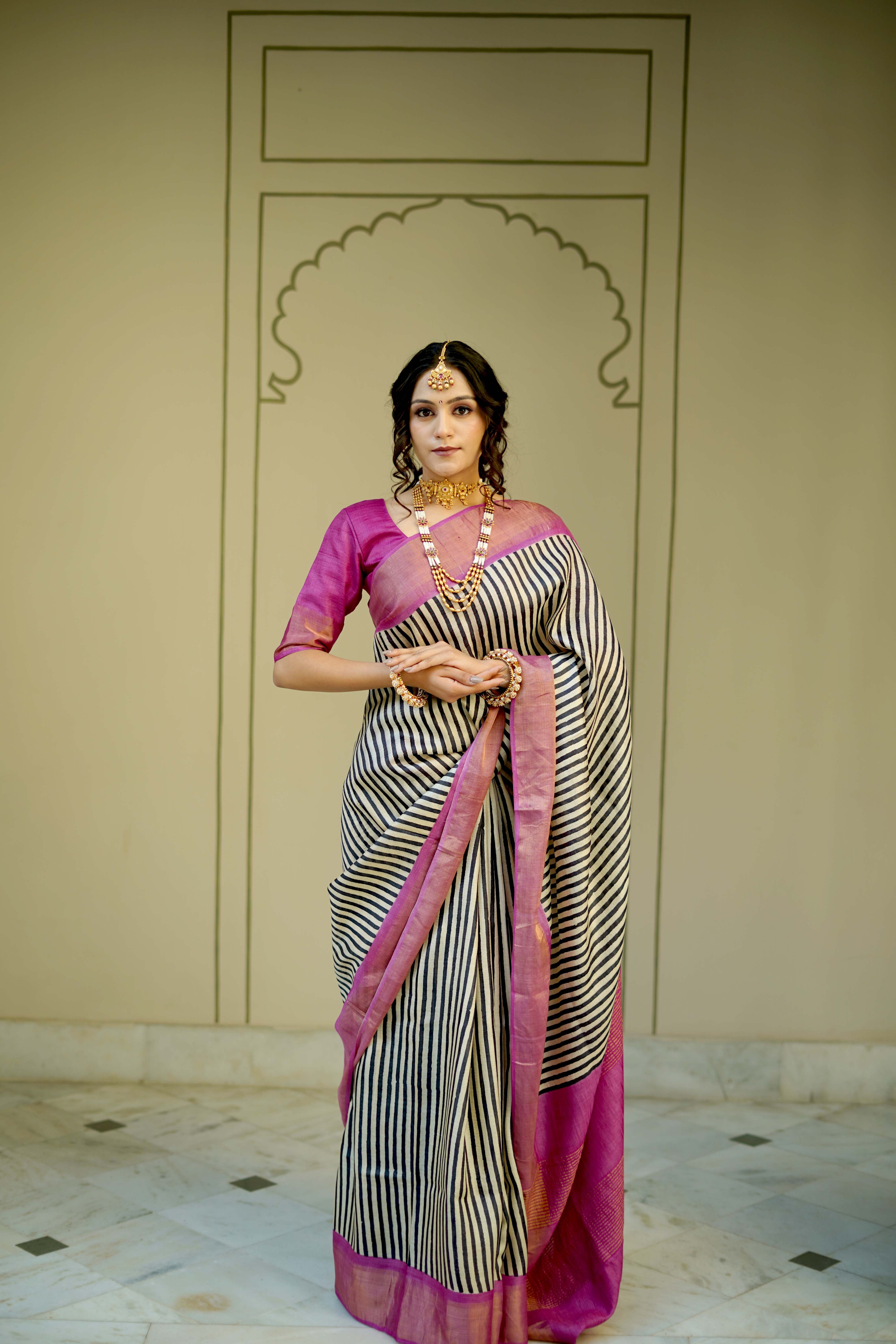 Black-Beige Jari Tussar Silk Saree with Hand block Stripes Pattern and Zari Border | SILK MARK CERTIFIED | Shobitam