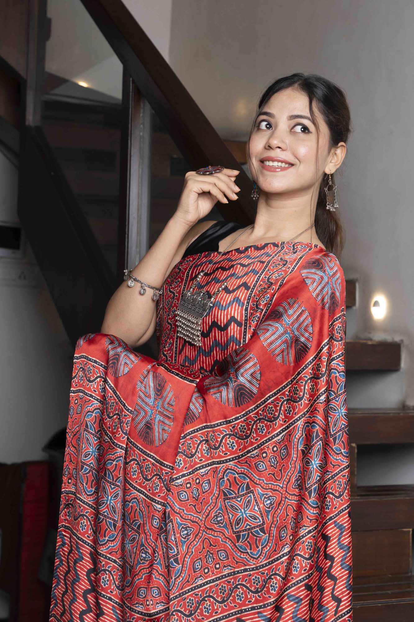 Elegant Red Traditional Ajrak Handblock Soft Modal Silk Ready To Wear Saree