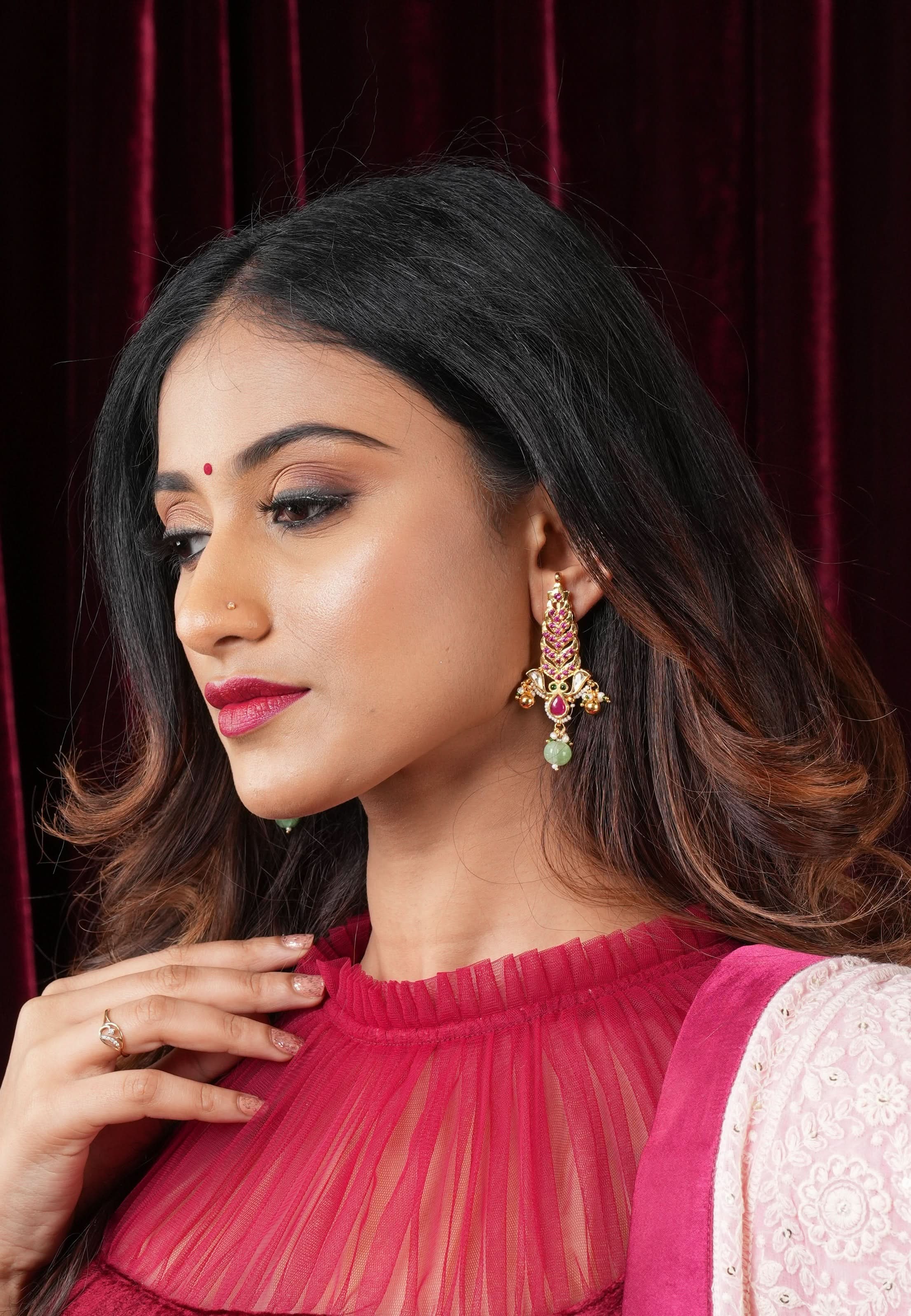 Pink floral vertical Stud Earrings | Shobitam