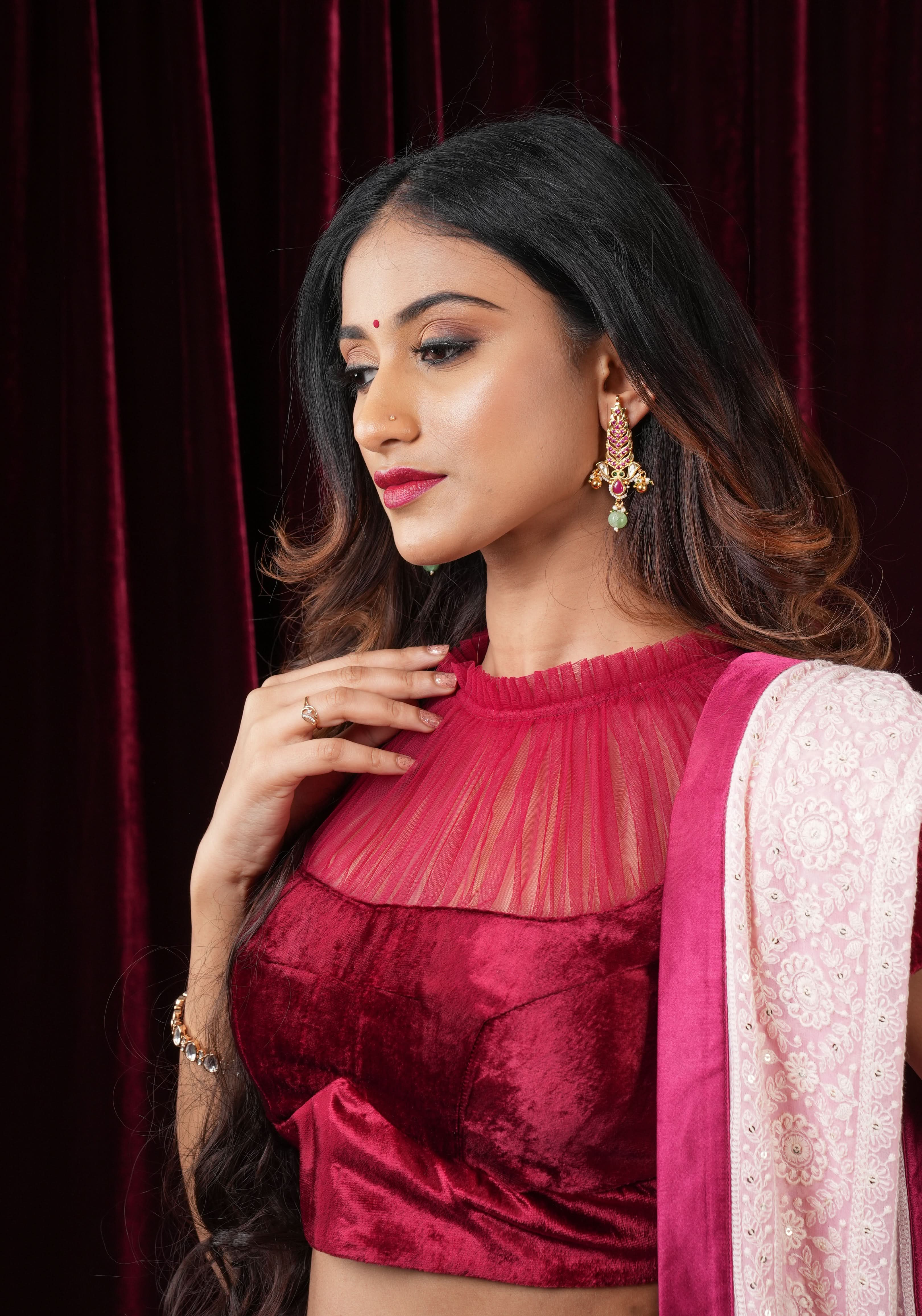 Pomegranate Red Velvet Blouse with Gathered Net Illusion Neck, Made to order | Shobitam