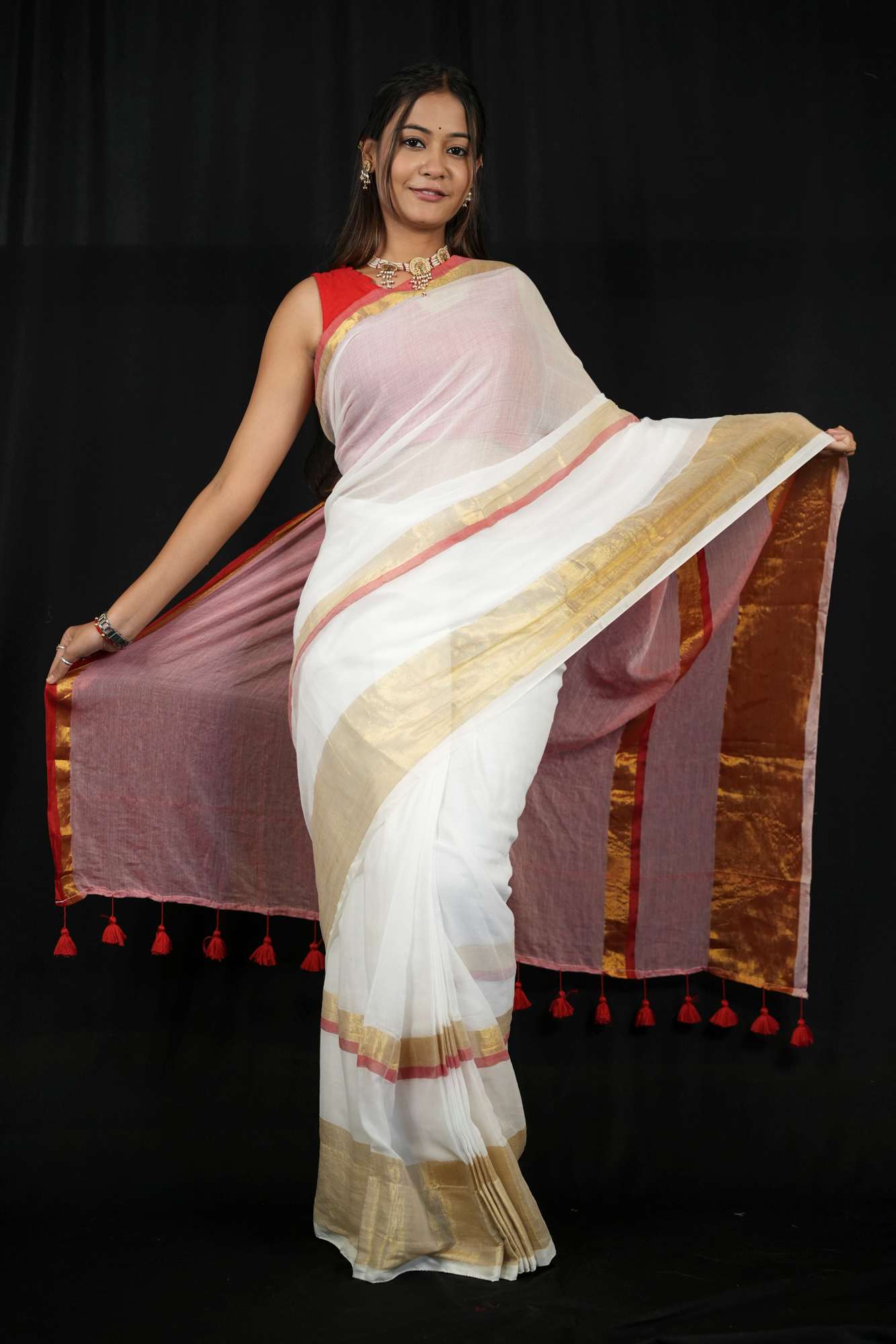 Mulmul Cotton with Opulent Gold Zari Border & Crimson Pallu Ready To wear Saree